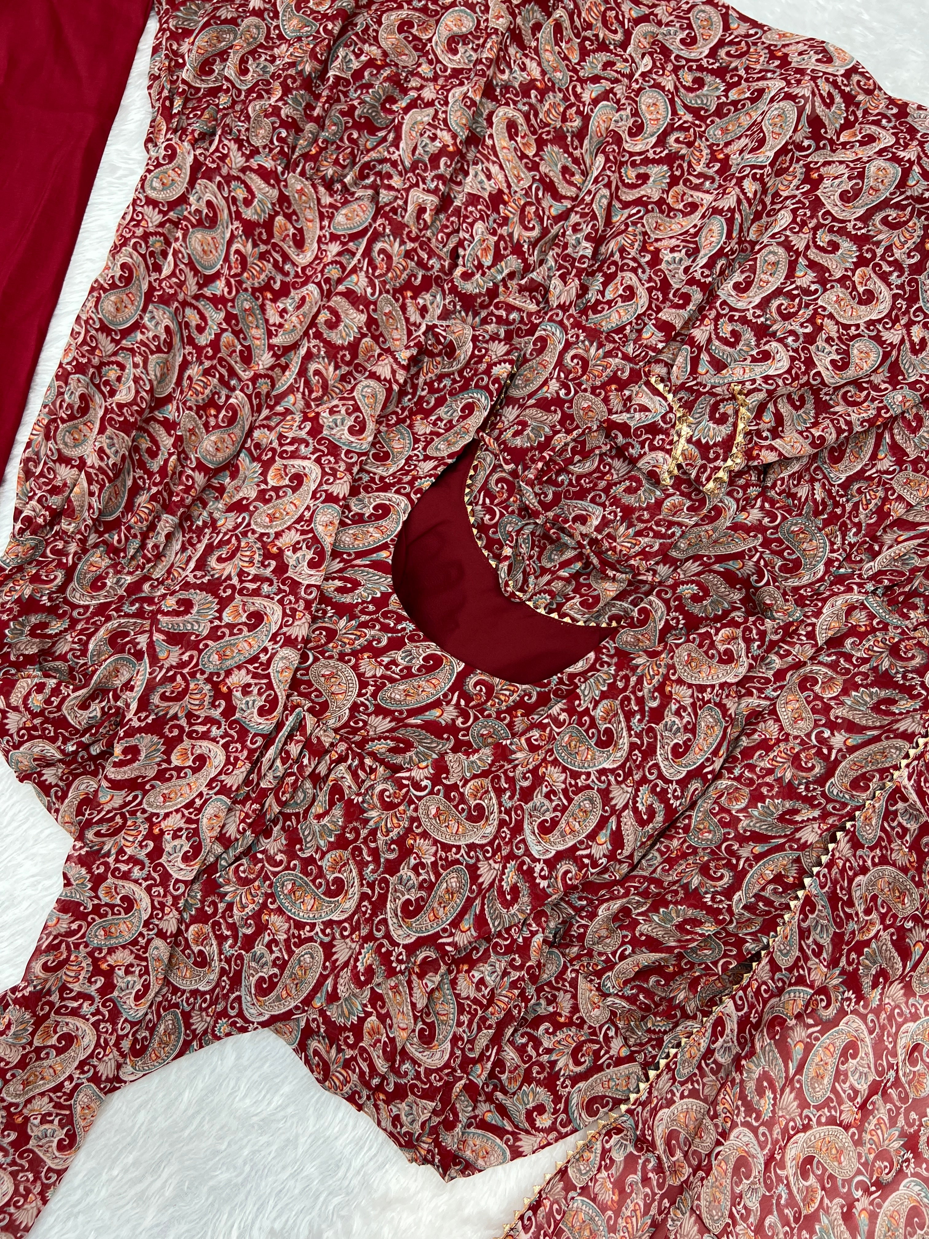 Winsome Faux Georgette Kalamkari Printed Anarkali Pant Suit - Ethnicwish