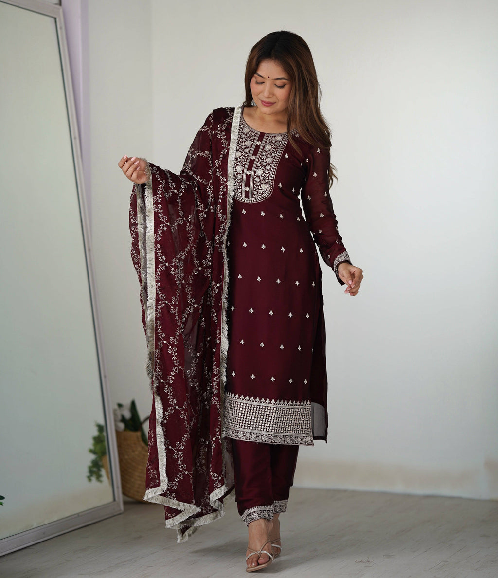 Appealing Rangoli Silk Sequins Embroidered Straight Top Pant Suit - Ethnicwish