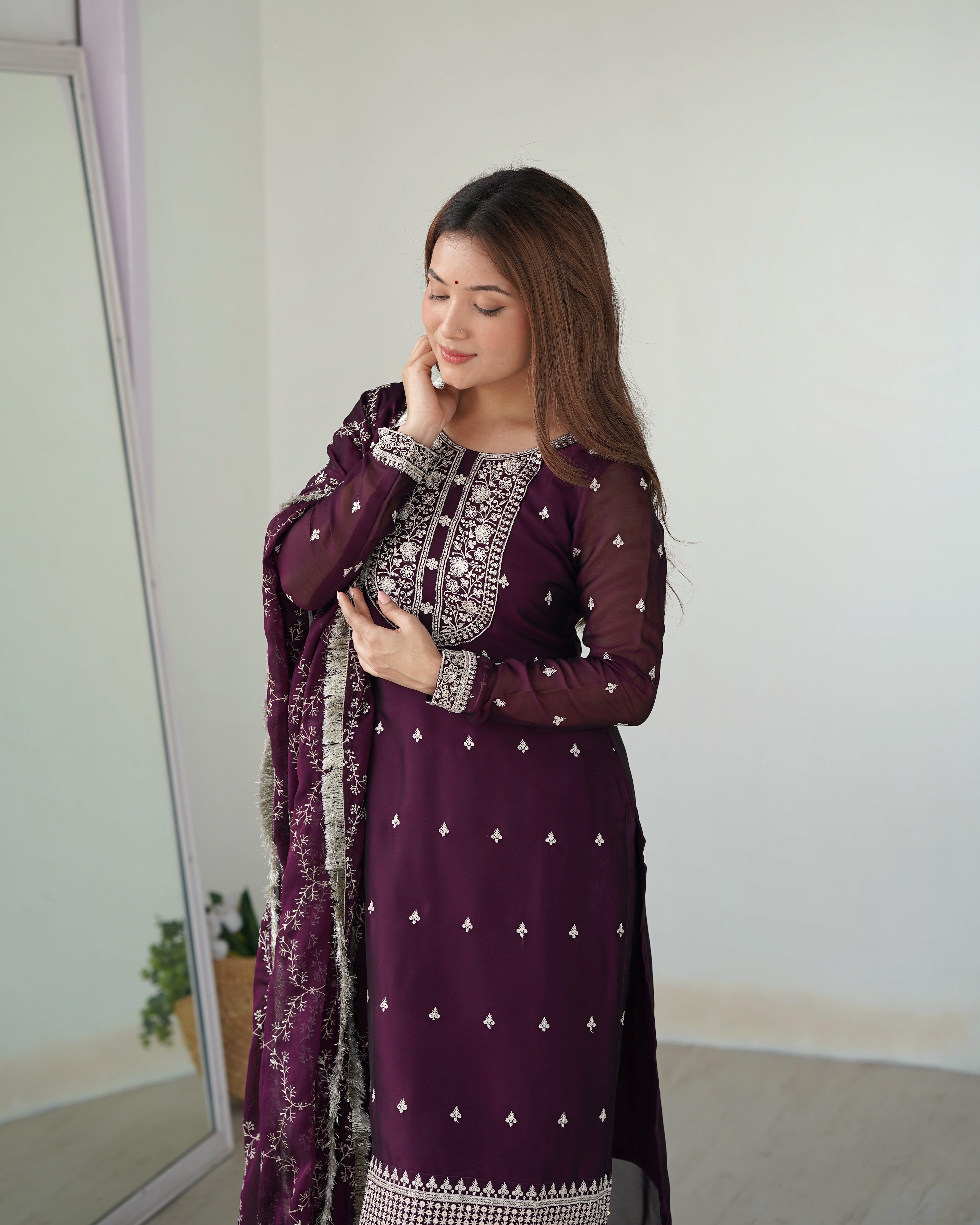 Appealing Rangoli Silk Sequins Embroidered Straight Top Pant Suit - Ethnicwish