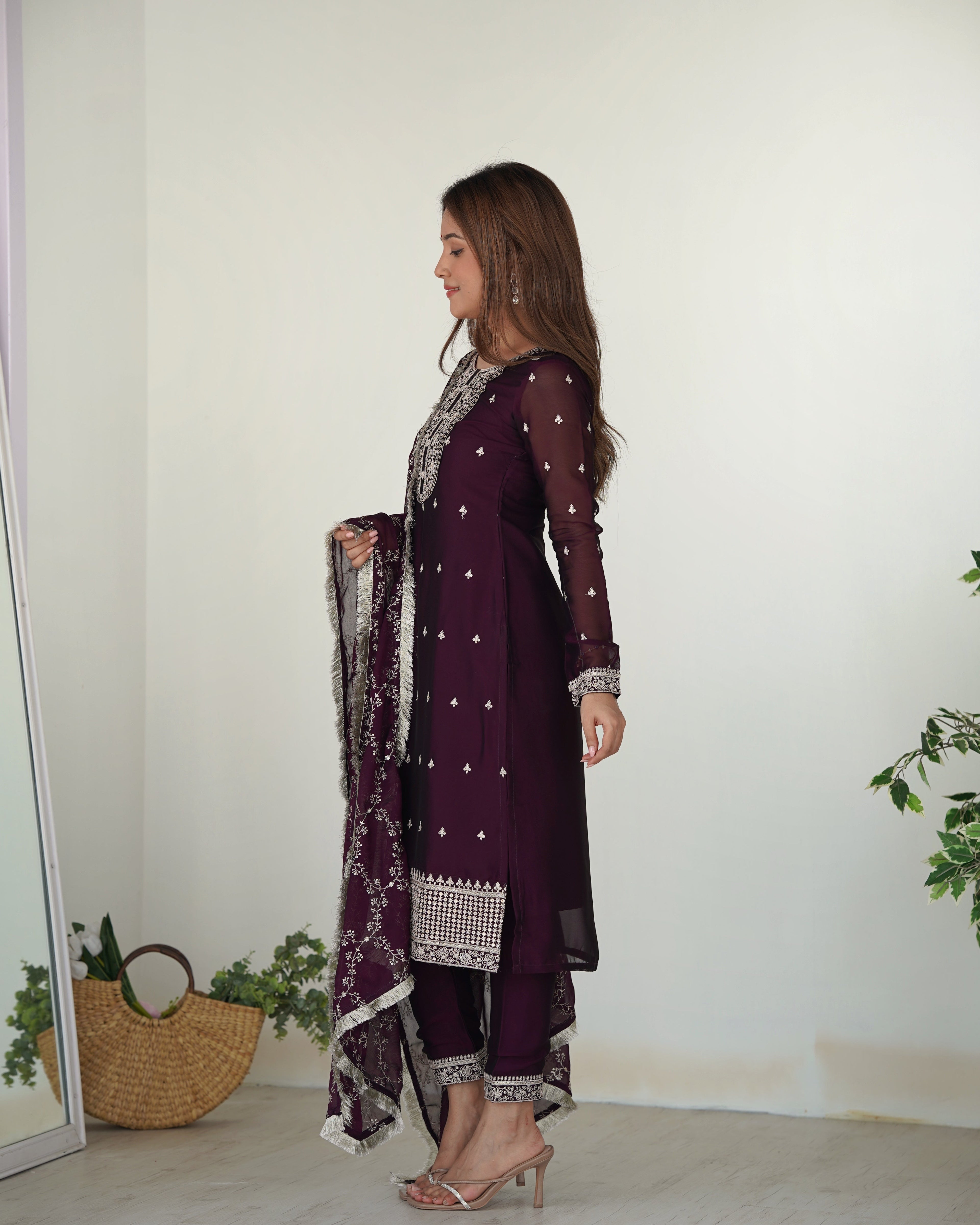 Appealing Rangoli Silk Sequins Embroidered Straight Top Pant Suit - Ethnicwish