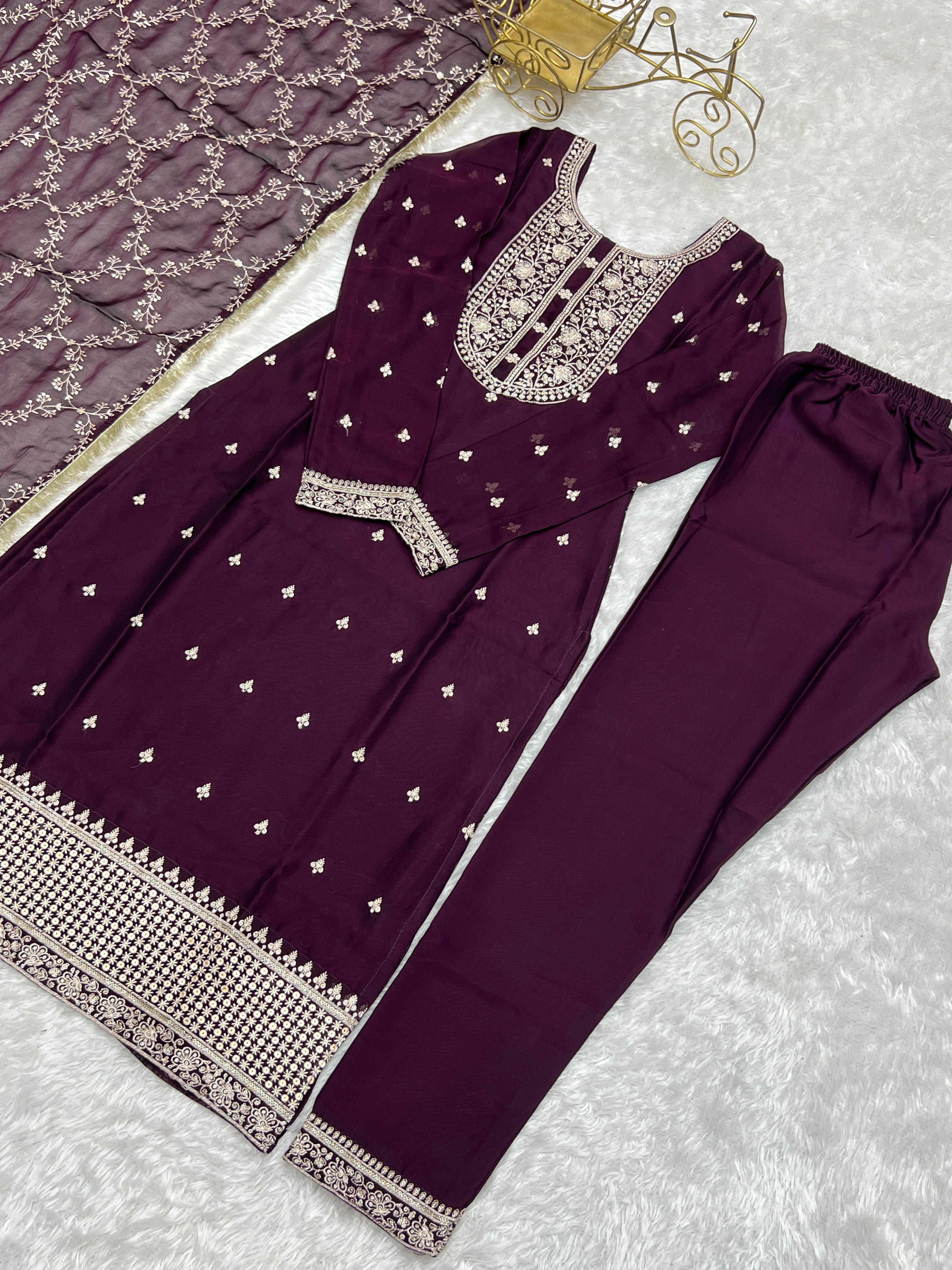 Appealing Rangoli Silk Sequins Embroidered Straight Top Pant Suit - Ethnicwish