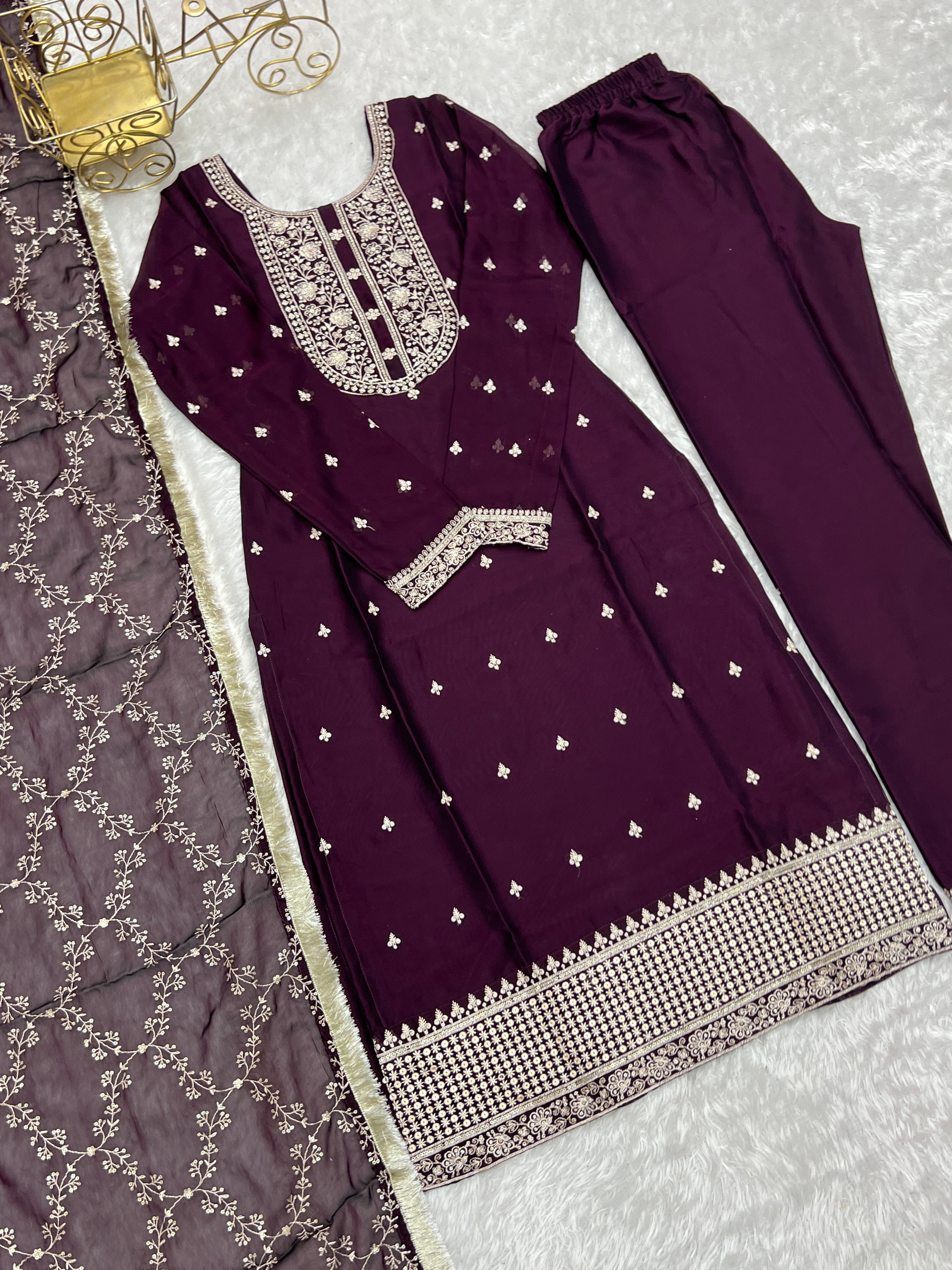 Appealing Rangoli Silk Sequins Embroidered Straight Top Pant Suit - Ethnicwish
