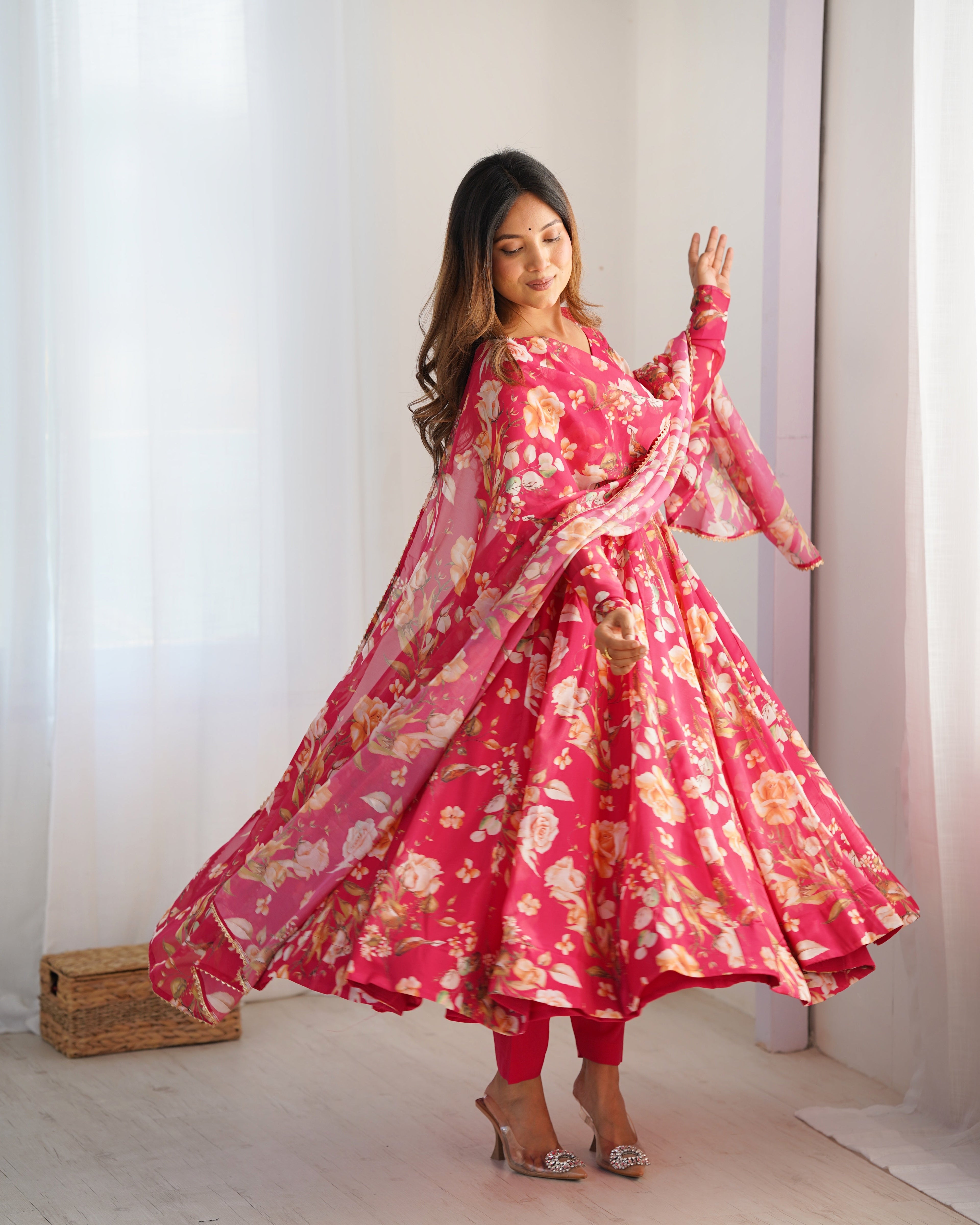 Fabulous Pink Pure Organza Silk Floral Printed Anarkali Pant Suit - ETHNICDEAL