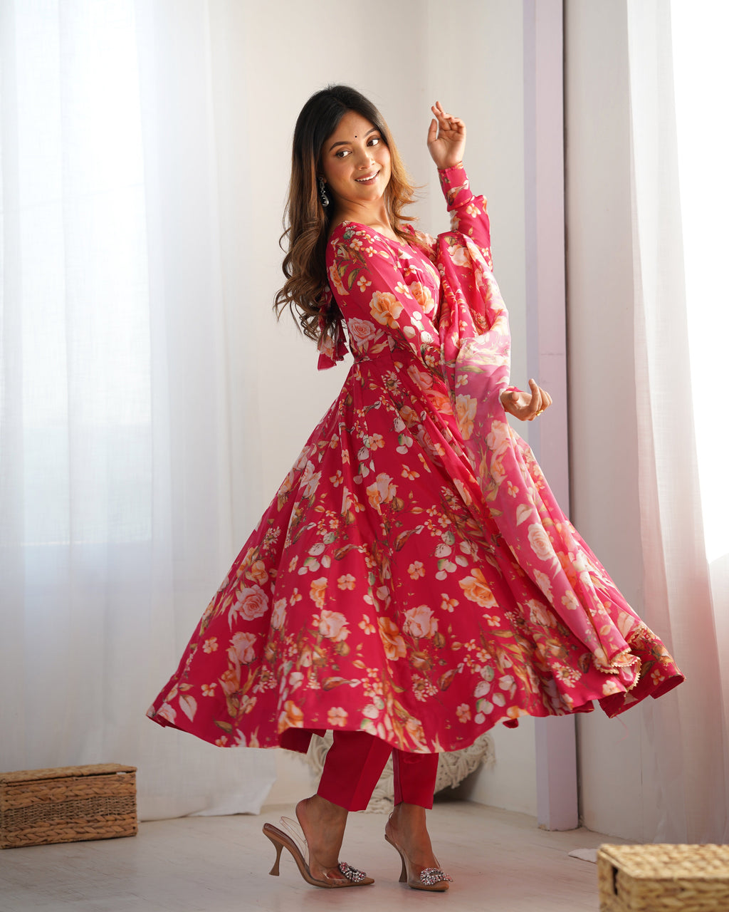 Fabulous Pink Pure Organza Silk Floral Printed Anarkali Pant Suit - ETHNICDEAL