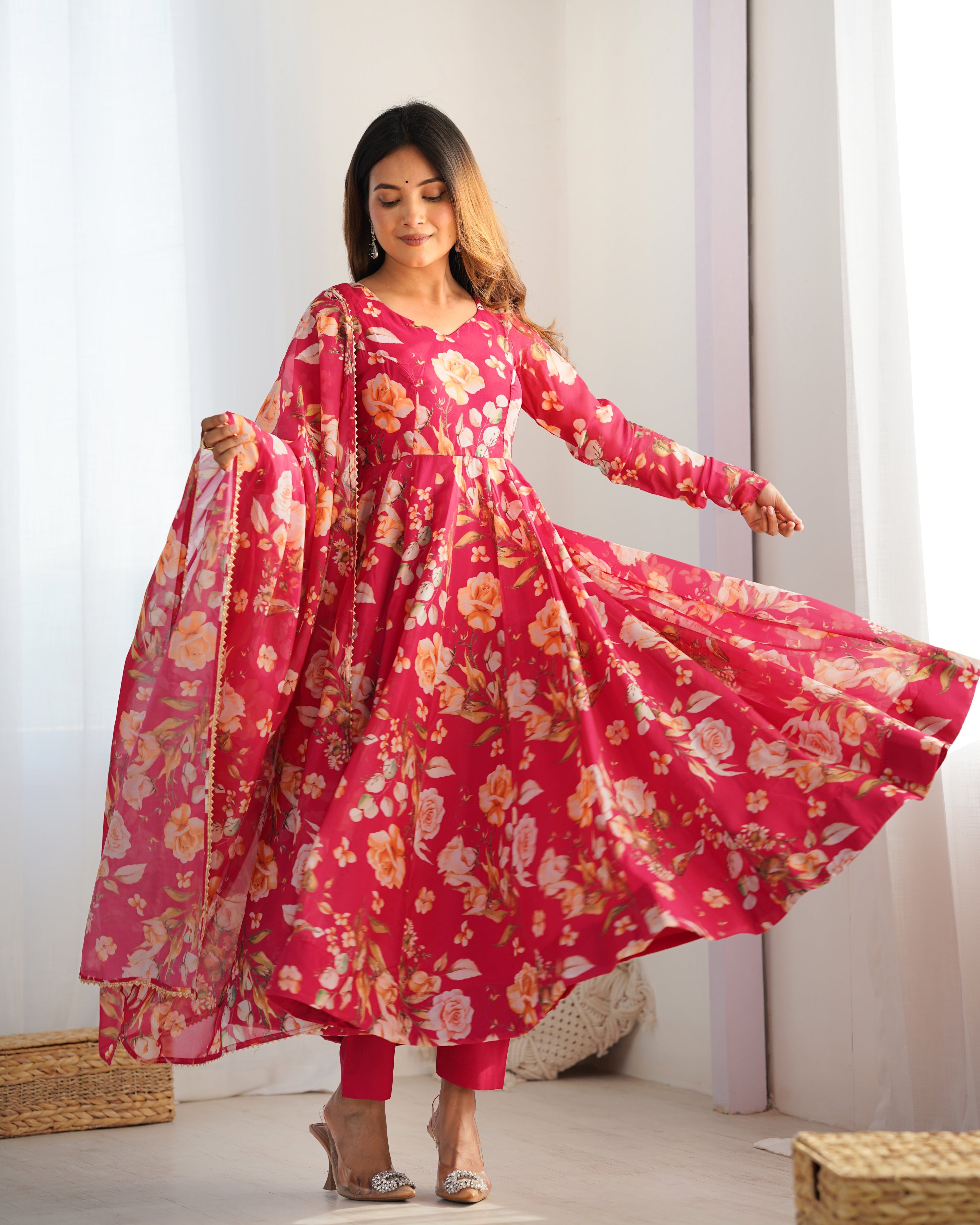 Fabulous Pink Pure Organza Silk Floral Printed Anarkali Pant Suit - ETHNICDEAL