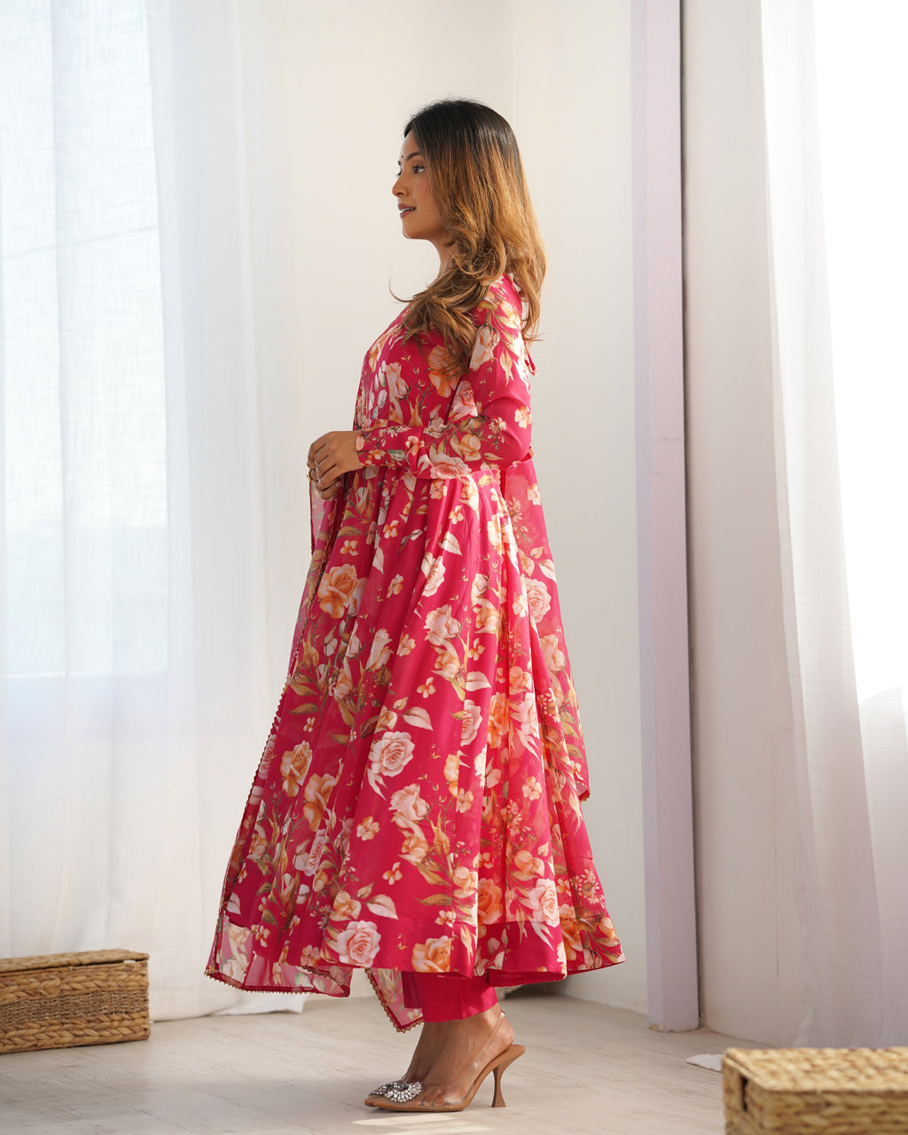 Fabulous Pink Pure Organza Silk Floral Printed Anarkali Pant Suit - ETHNICDEAL