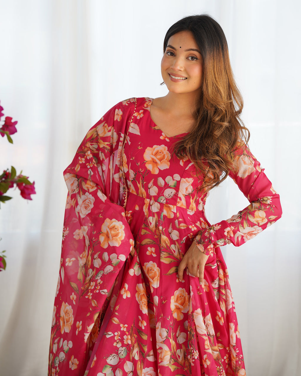 Fabulous Pink Pure Organza Silk Floral Printed Anarkali Pant Suit - ETHNICDEAL