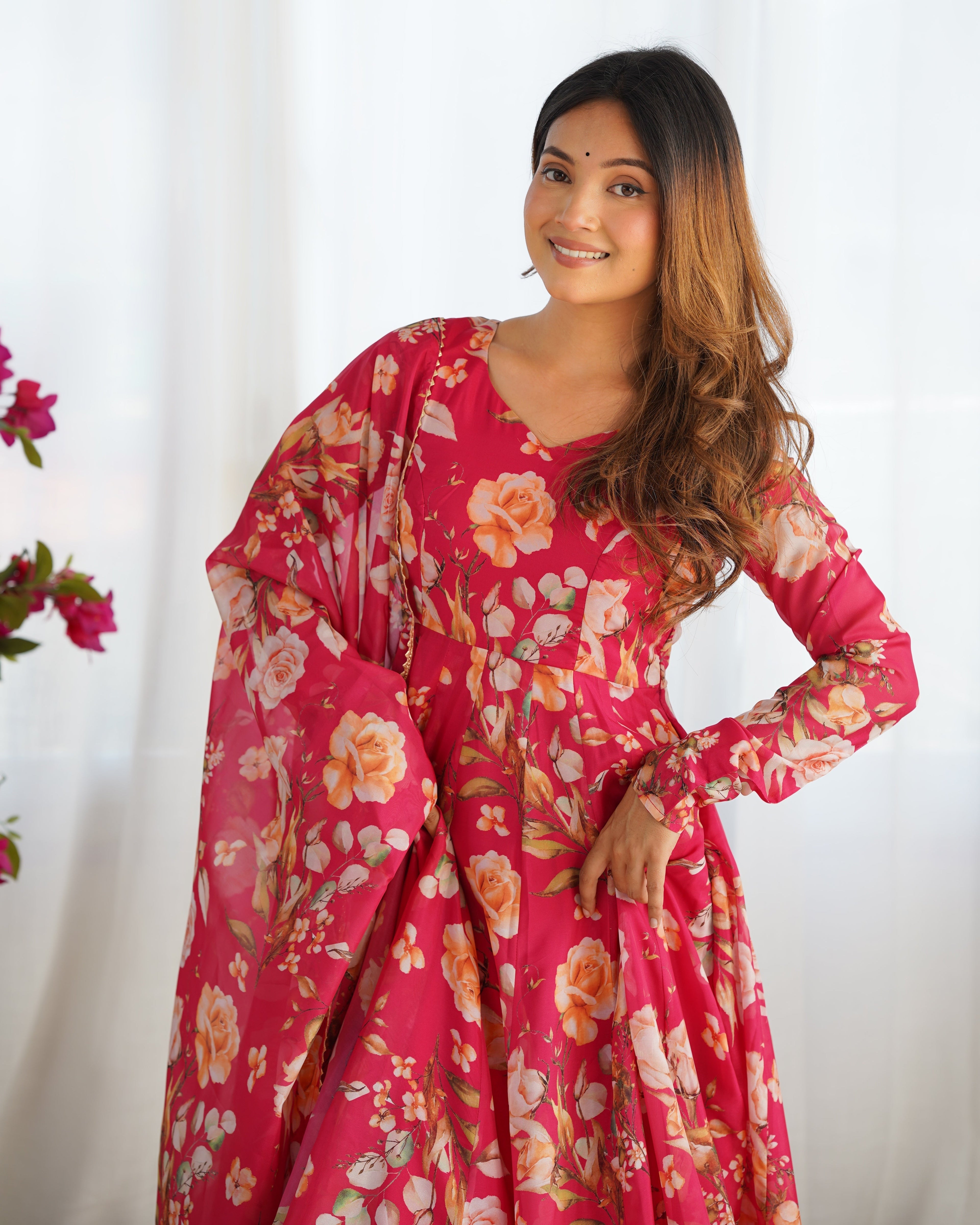 Fabulous Pink Pure Organza Silk Floral Printed Anarkali Pant Suit - ETHNICDEAL