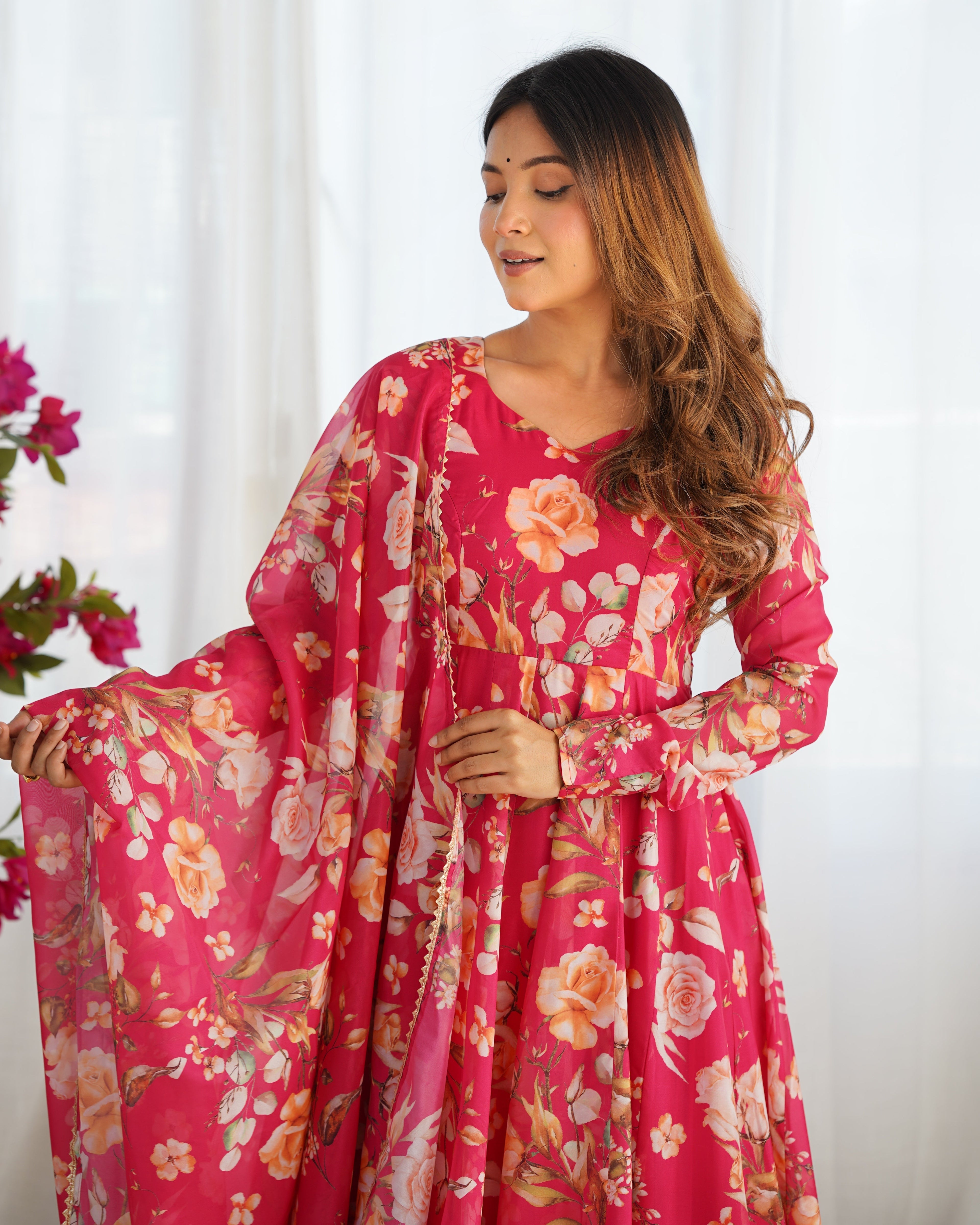 Fabulous Pink Pure Organza Silk Floral Printed Anarkali Pant Suit - ETHNICDEAL
