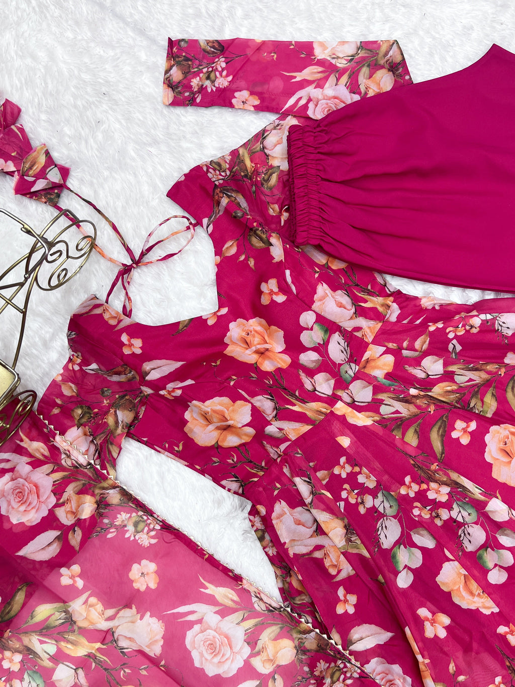 Fabulous Pink Pure Organza Silk Floral Printed Anarkali Pant Suit - ETHNICDEAL