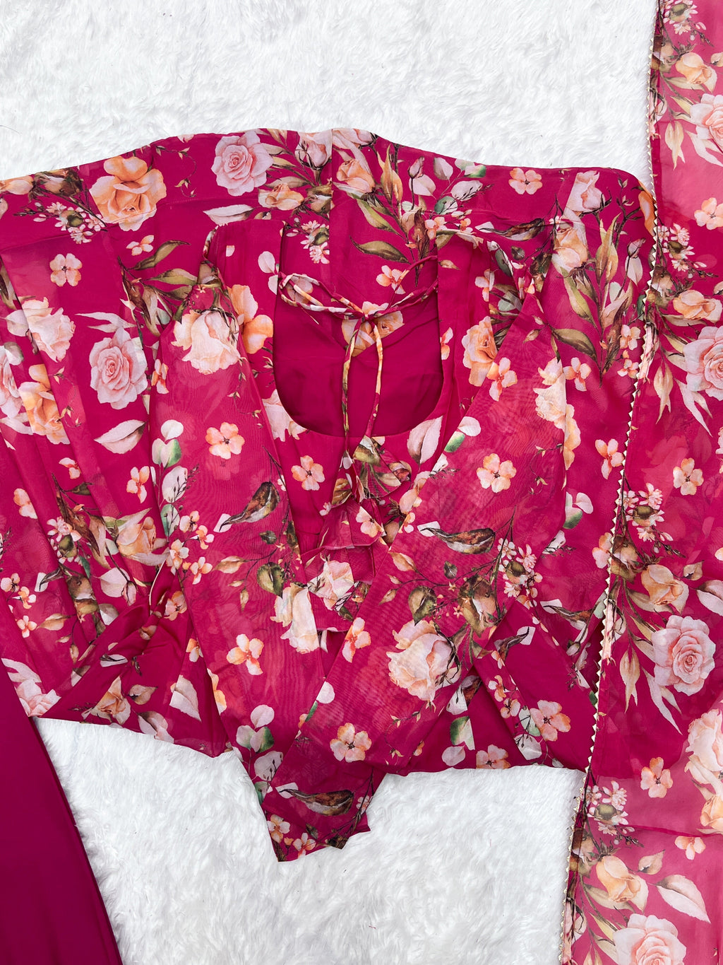 Fabulous Pink Pure Organza Silk Floral Printed Anarkali Pant Suit - ETHNICDEAL