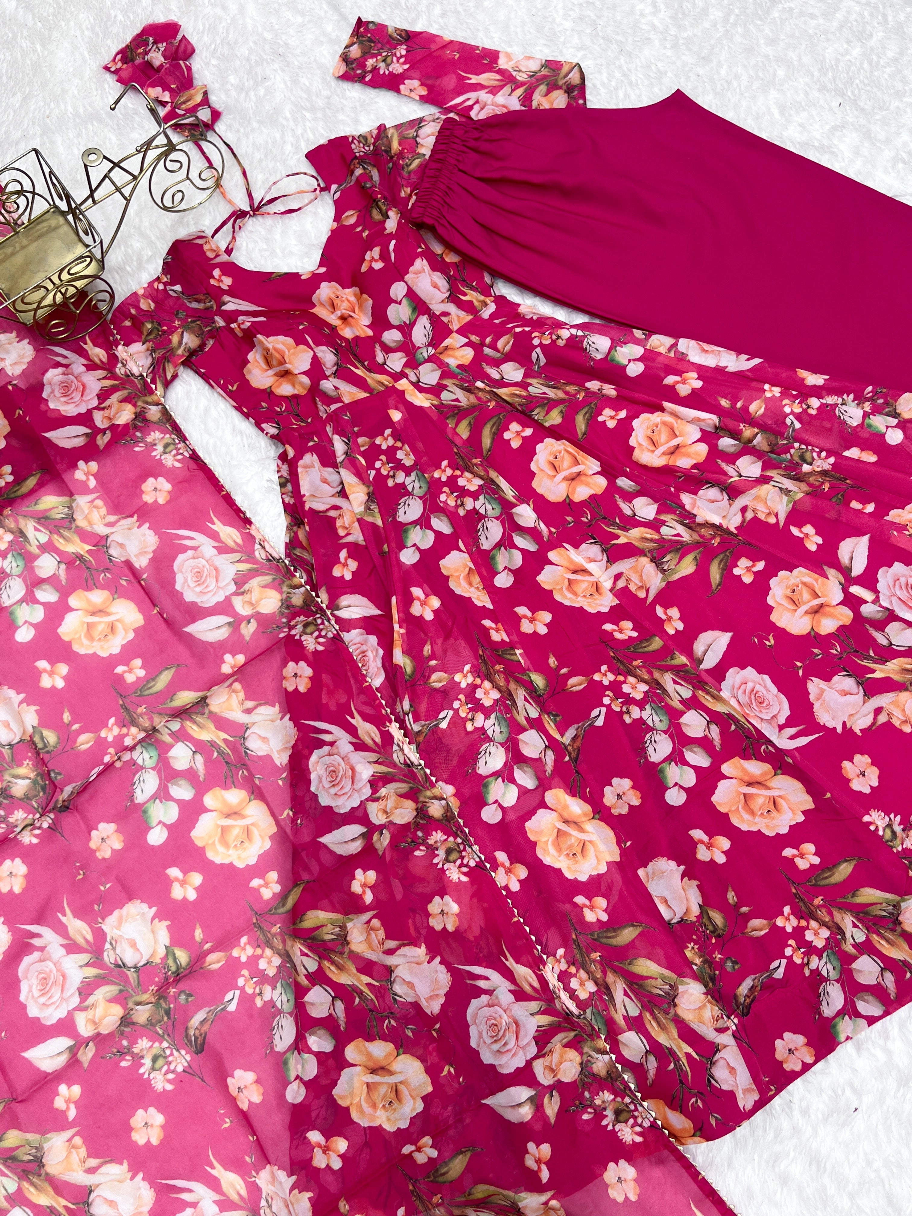 Fabulous Pink Pure Organza Silk Floral Printed Anarkali Pant Suit - ETHNICDEAL