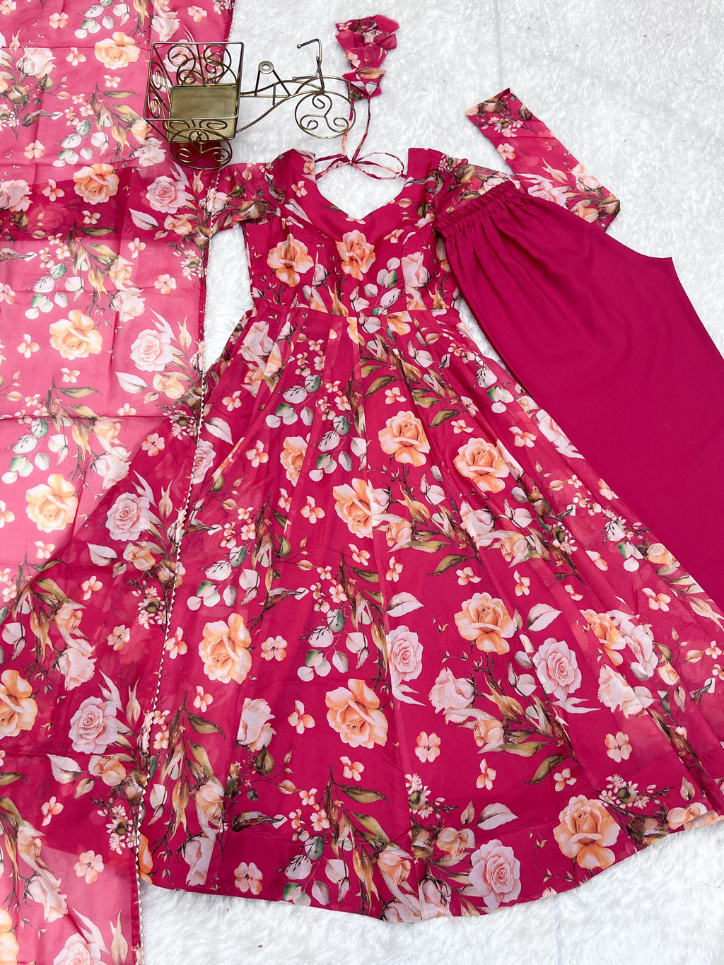 Fabulous Pink Pure Organza Silk Floral Printed Anarkali Pant Suit - ETHNICDEAL