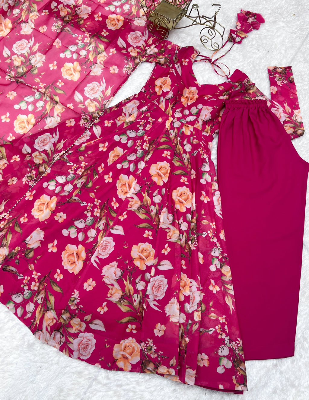 Fabulous Pink Pure Organza Silk Floral Printed Anarkali Pant Suit - ETHNICDEAL