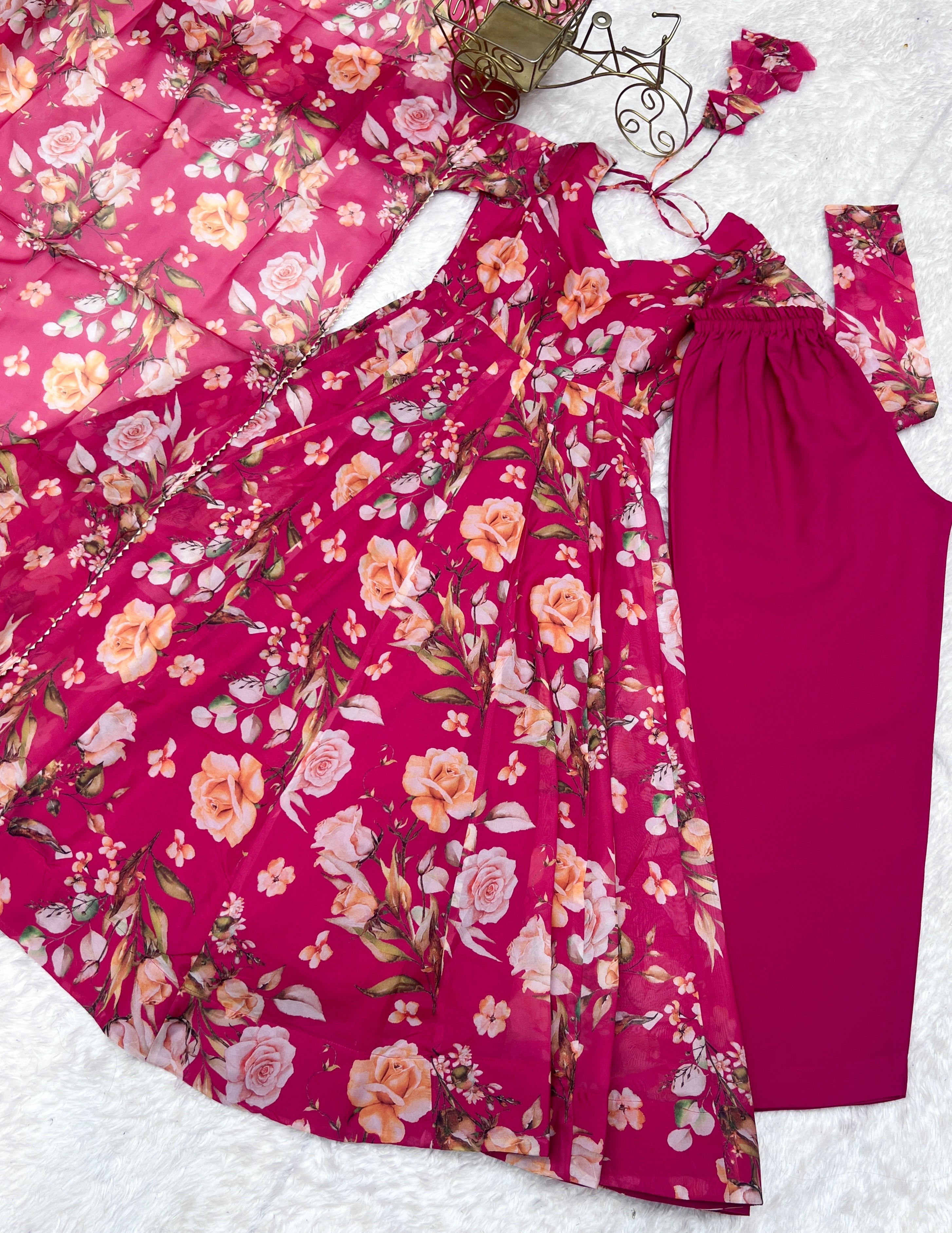 Fabulous Pink Pure Organza Silk Floral Printed Anarkali Pant Suit - ETHNICDEAL