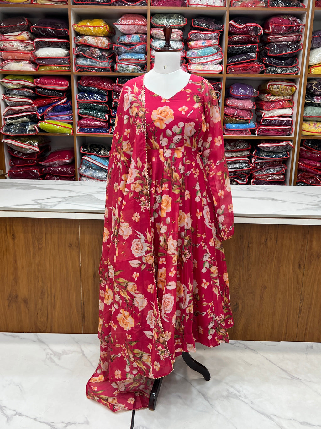 Fabulous Pink Pure Organza Silk Floral Printed Anarkali Pant Suit - ETHNICDEAL