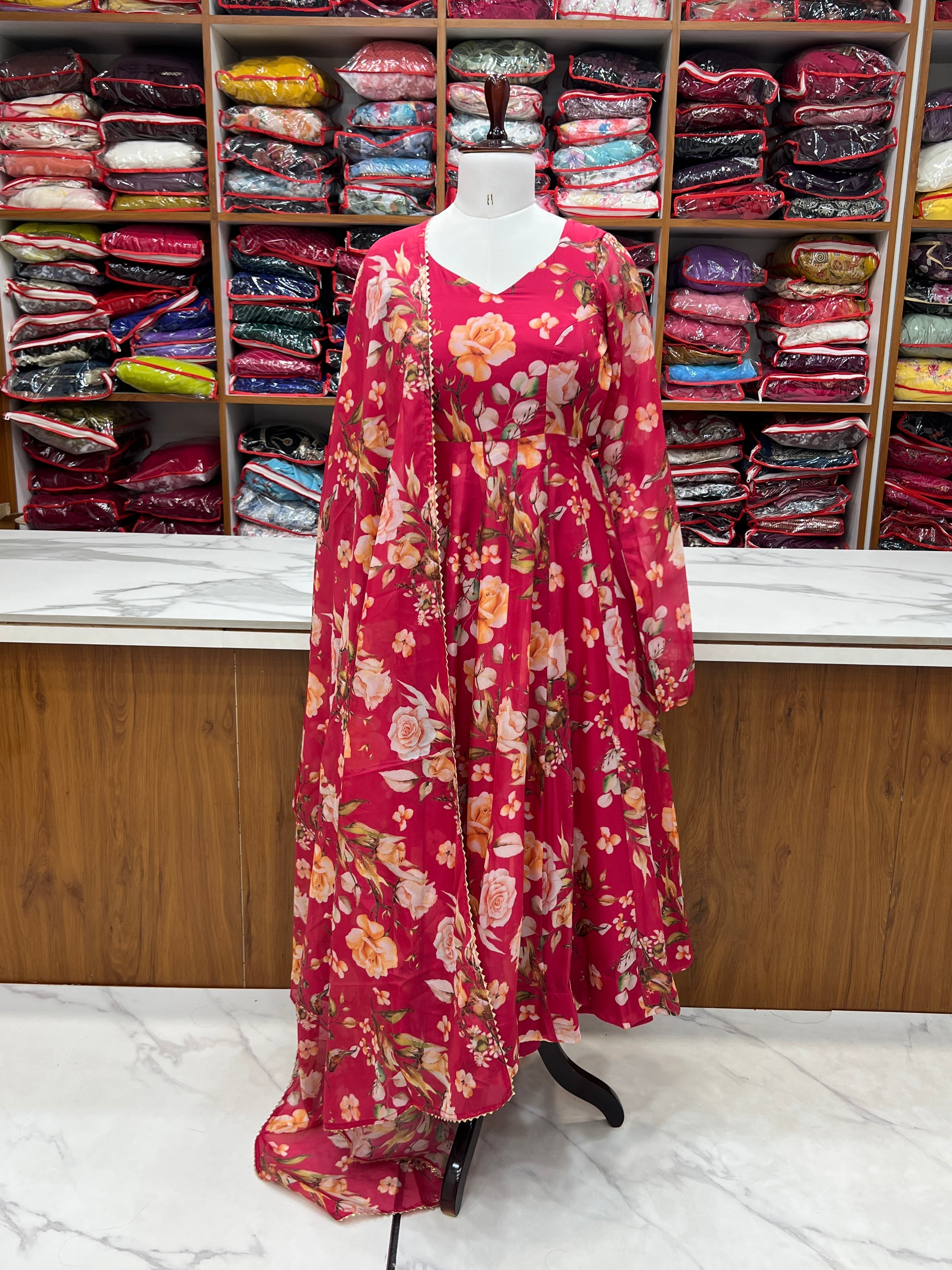 Fabulous Pink Pure Organza Silk Floral Printed Anarkali Pant Suit - ETHNICDEAL