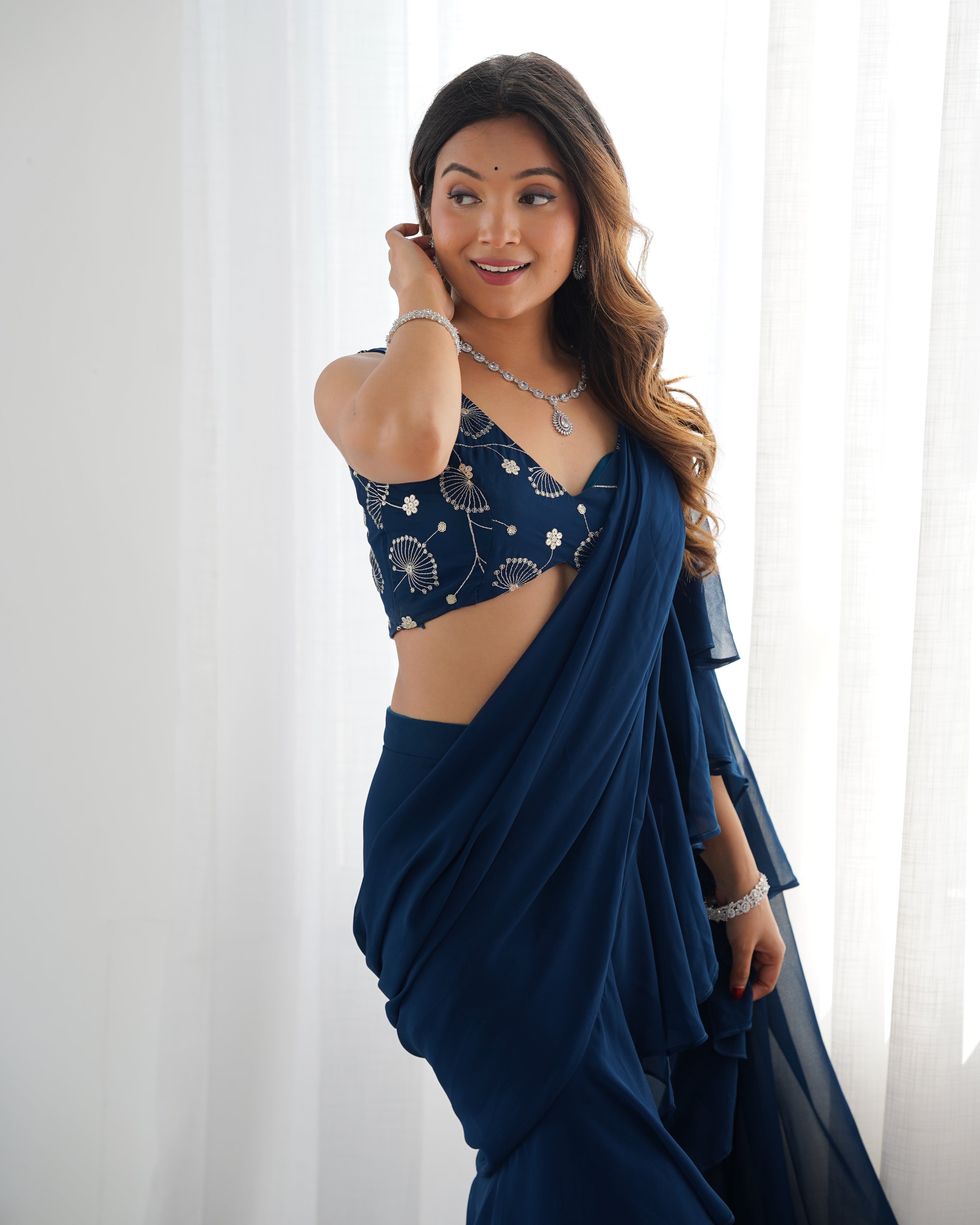 Designer Sharara Saree in Pure Faux Georgette – Fully Stitched & Ready to Wear - ETHNICDEAL