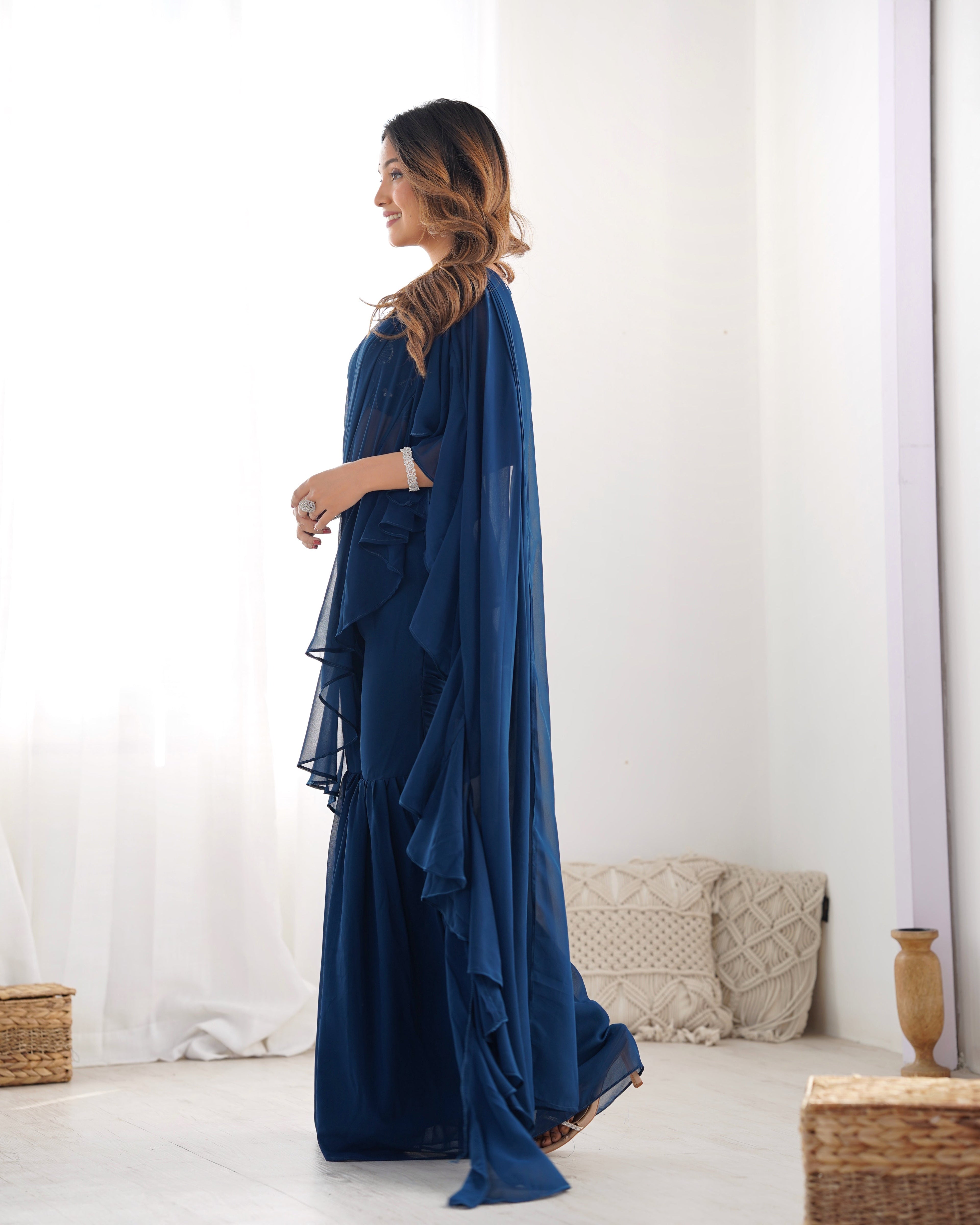 Designer Sharara Saree in Pure Faux Georgette – Fully Stitched & Ready to Wear - ETHNICDEAL