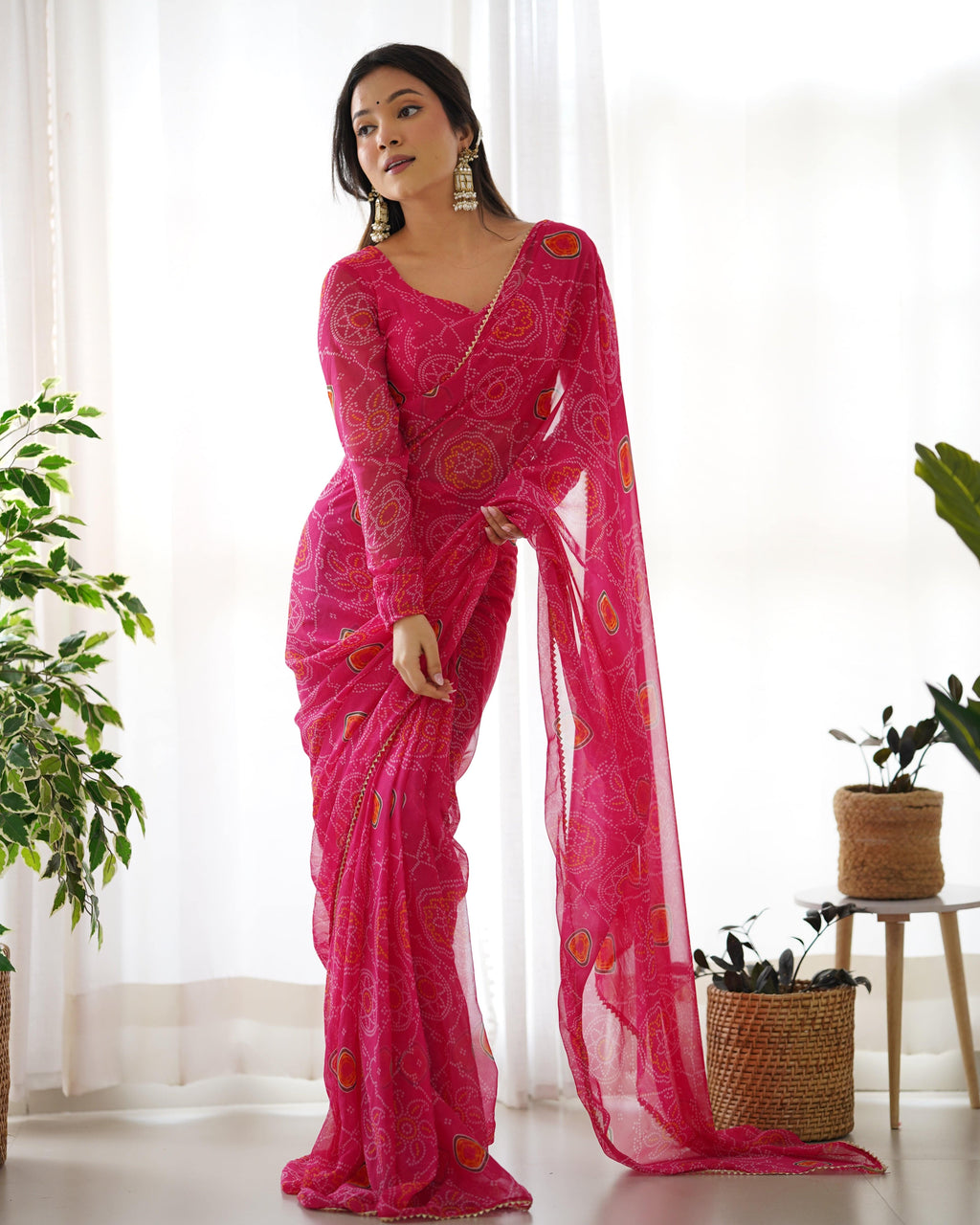 Pink Pure Soft Chiffon Bandhej Printed Ready To Wear Saree - Ethnicwish