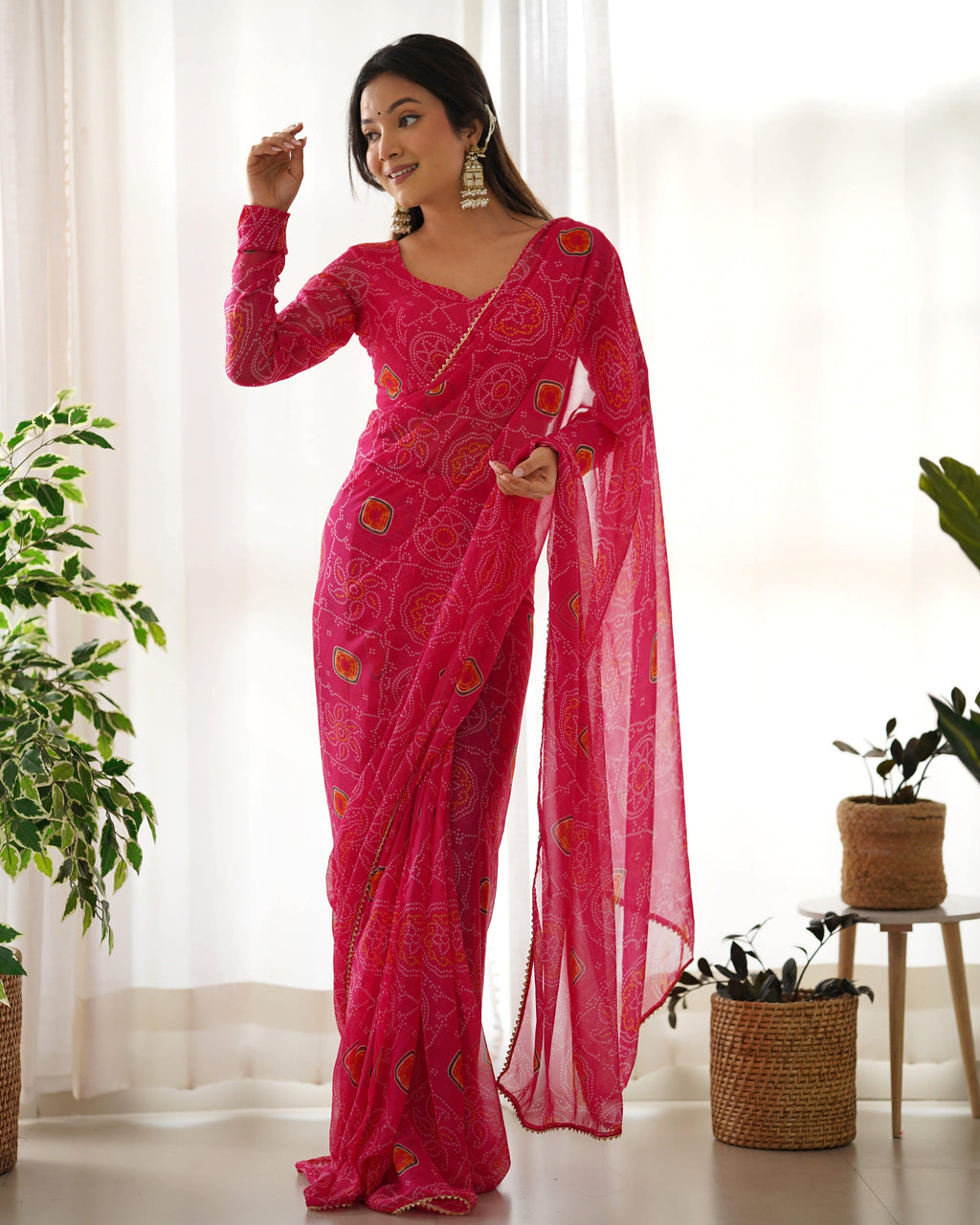 Pink Pure Soft Chiffon Bandhej Printed Ready To Wear Saree - Ethnicwish