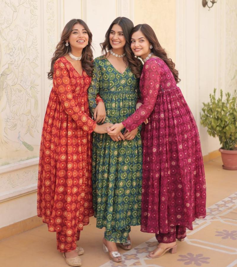 Dashing Faux Georgette Foil Printed Fully Stitched Top Pant Suit - Ethnicwish