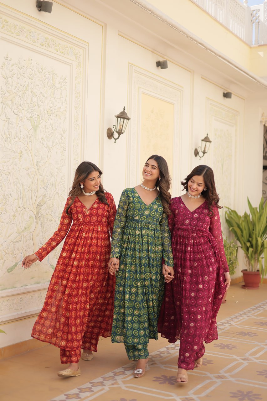 Dashing Faux Georgette Foil Printed Fully Stitched Top Pant Suit - Ethnicwish