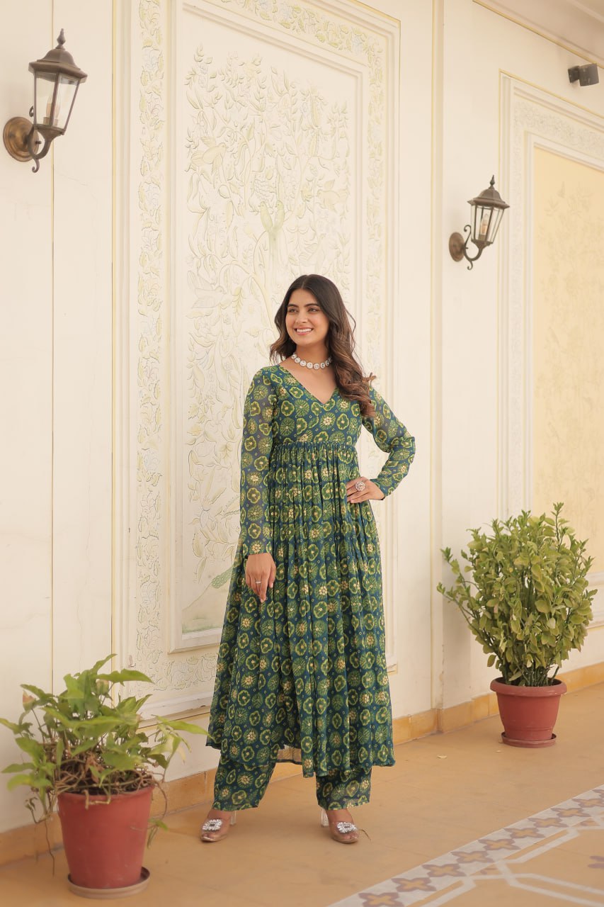 Dashing Faux Georgette Foil Printed Fully Stitched Top Pant Suit - Ethnicwish