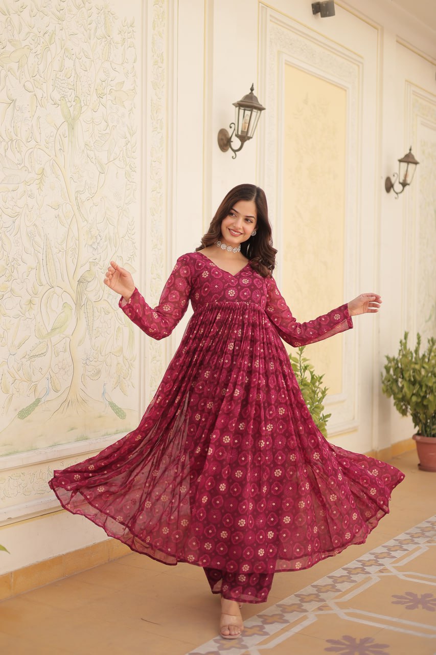 Dashing Faux Georgette Foil Printed Fully Stitched Top Pant Suit - Ethnicwish