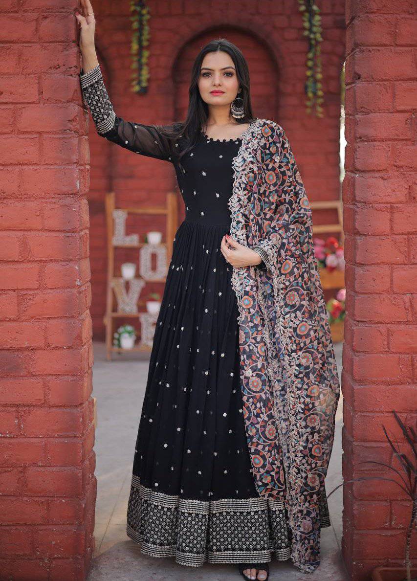 Elegant Faux Georgette Zari Sequins Worked Fully Stitched Gown - Ethnicwish