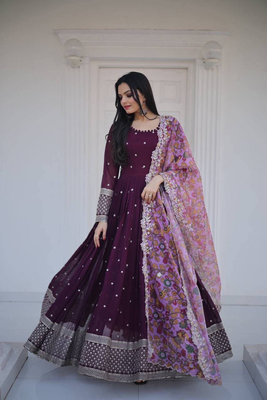 Elegant Faux Georgette Zari Sequins Worked Fully Stitched Gown - Ethnicwish