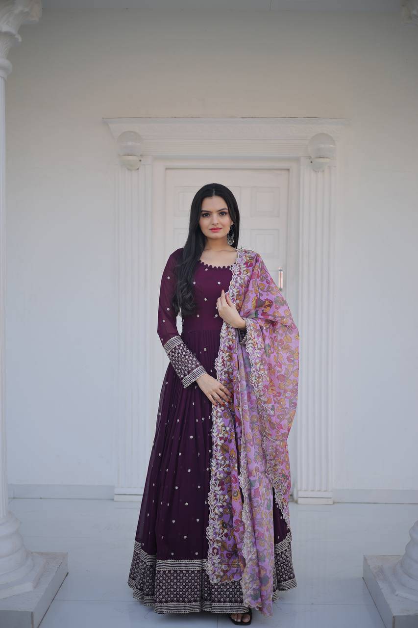 Elegant Faux Georgette Zari Sequins Worked Fully Stitched Gown - Ethnicwish