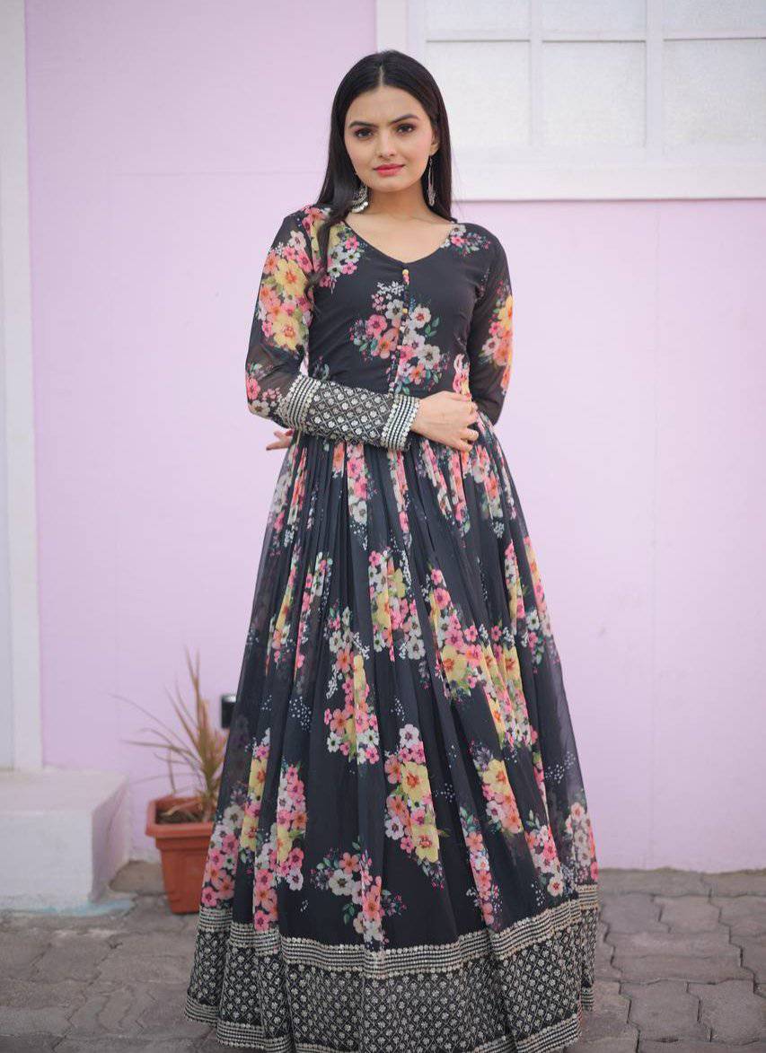 Thrilling Floral Digital Printed Sequins Zari Worked Fully Stitched Gown - Ethnicwish