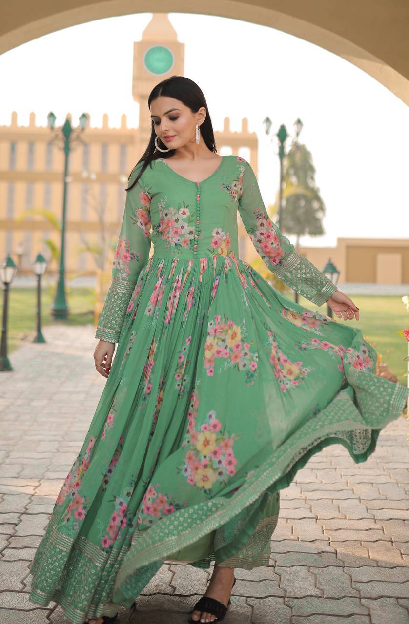Thrilling Floral Digital Printed Sequins Zari Worked Fully Stitched Gown - Ethnicwish