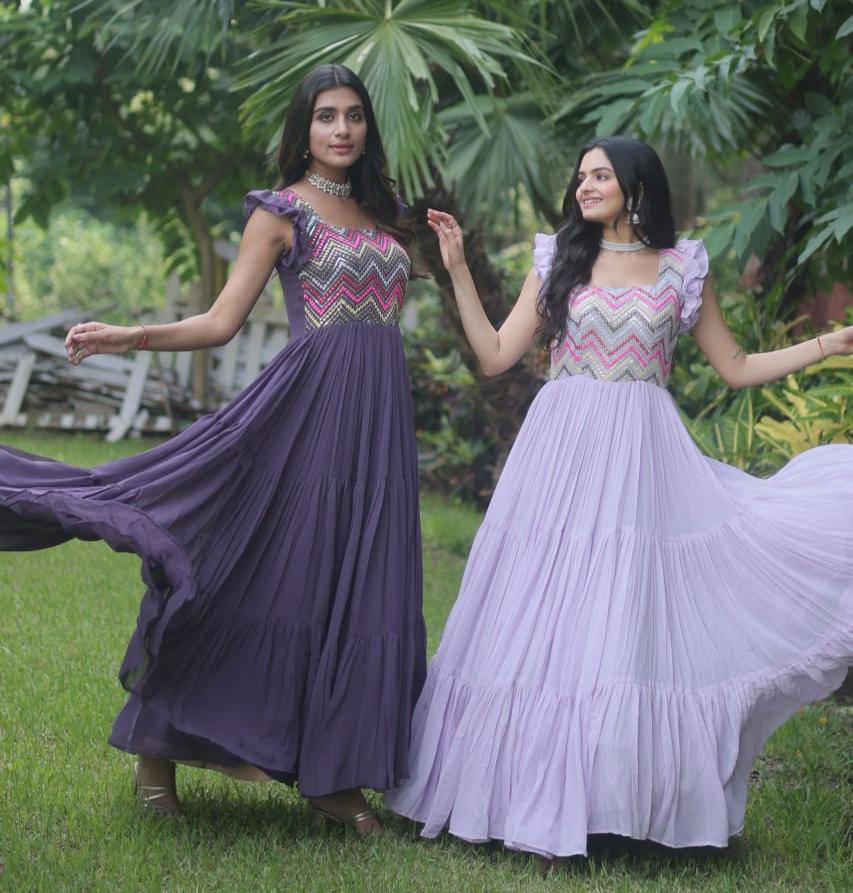 Loveable Faux Georgette Sequins Embroidered Fully Stitched Gown - Ethnicwish