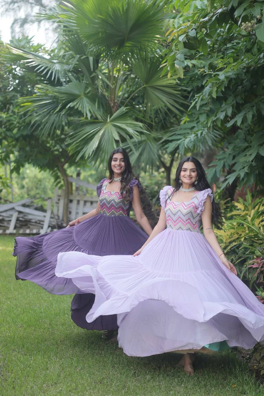 Loveable Faux Georgette Sequins Embroidered Fully Stitched Gown - Ethnicwish