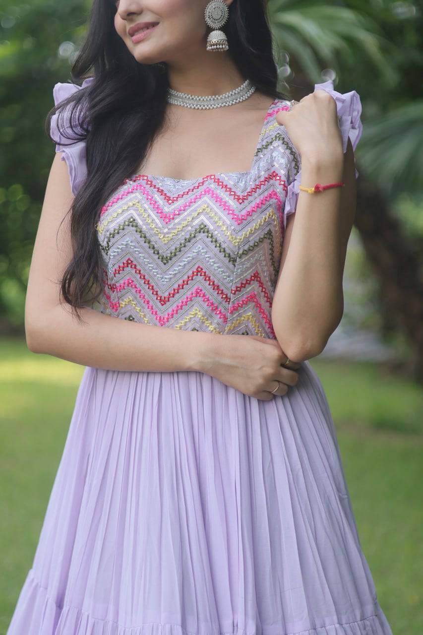 Loveable Faux Georgette Sequins Embroidered Fully Stitched Gown - Ethnicwish