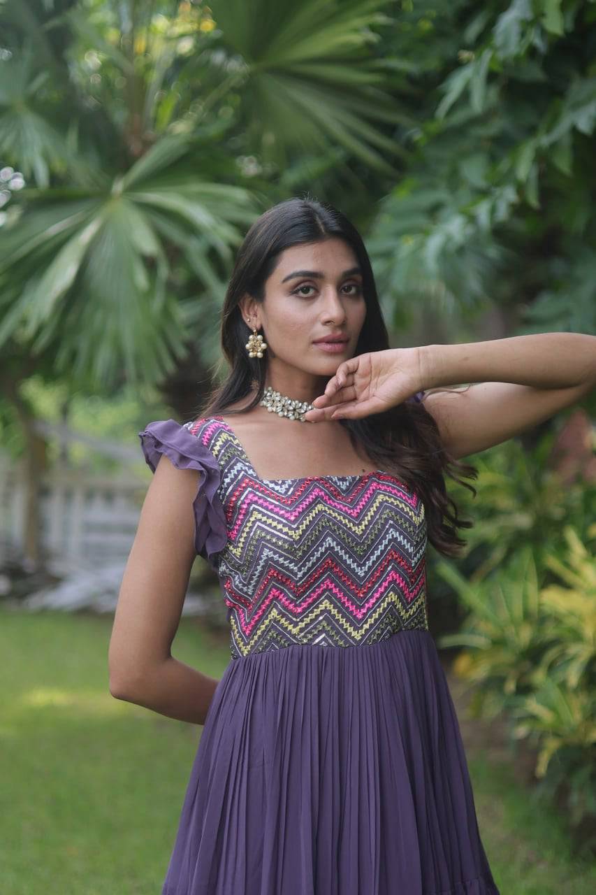 Loveable Faux Georgette Sequins Embroidered Fully Stitched Gown - Ethnicwish