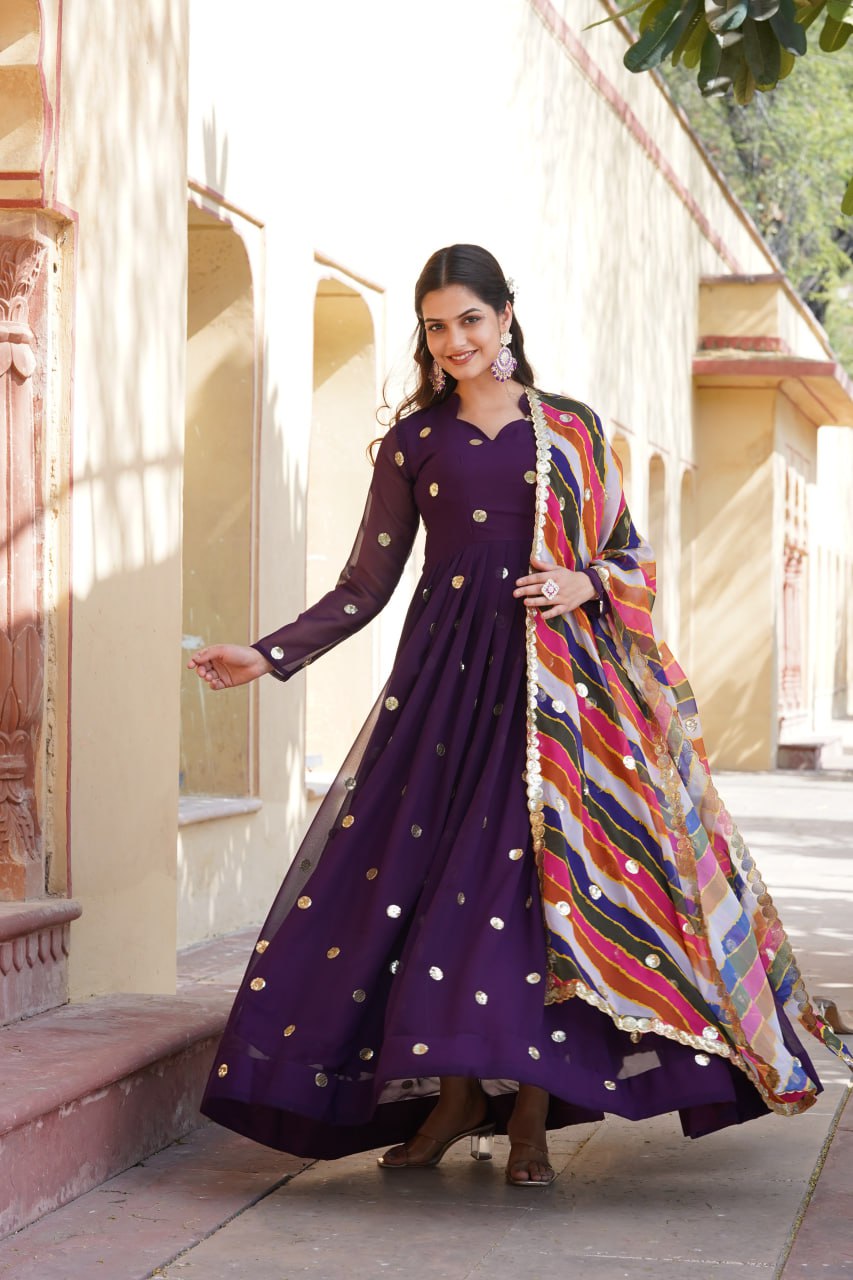 Charming Faux Georgette Zari Thread Sequins Worked Gown - Ethnicwish