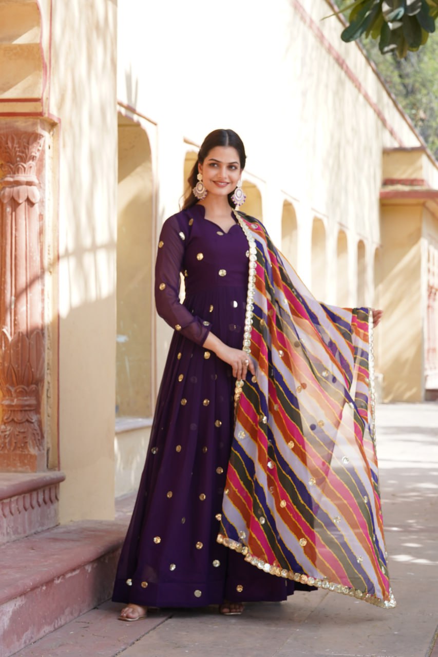 Charming Faux Georgette Zari Thread Sequins Worked Gown - Ethnicwish
