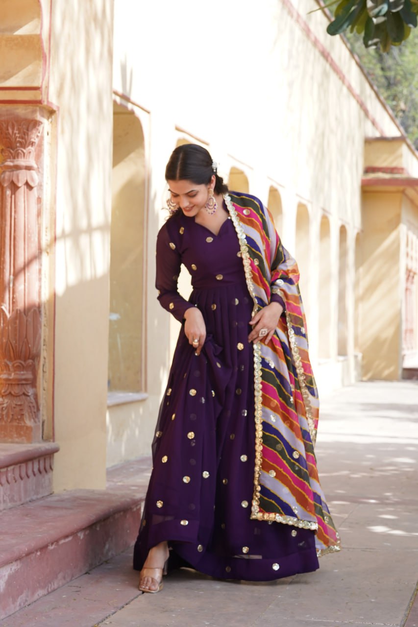 Charming Faux Georgette Zari Thread Sequins Worked Gown - Ethnicwish