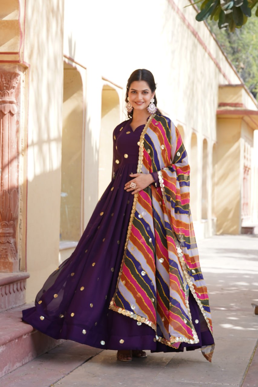 Charming Faux Georgette Zari Thread Sequins Worked Gown - Ethnicwish