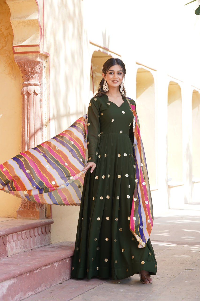 Charming Faux Georgette Zari Thread Sequins Worked Gown - Ethnicwish
