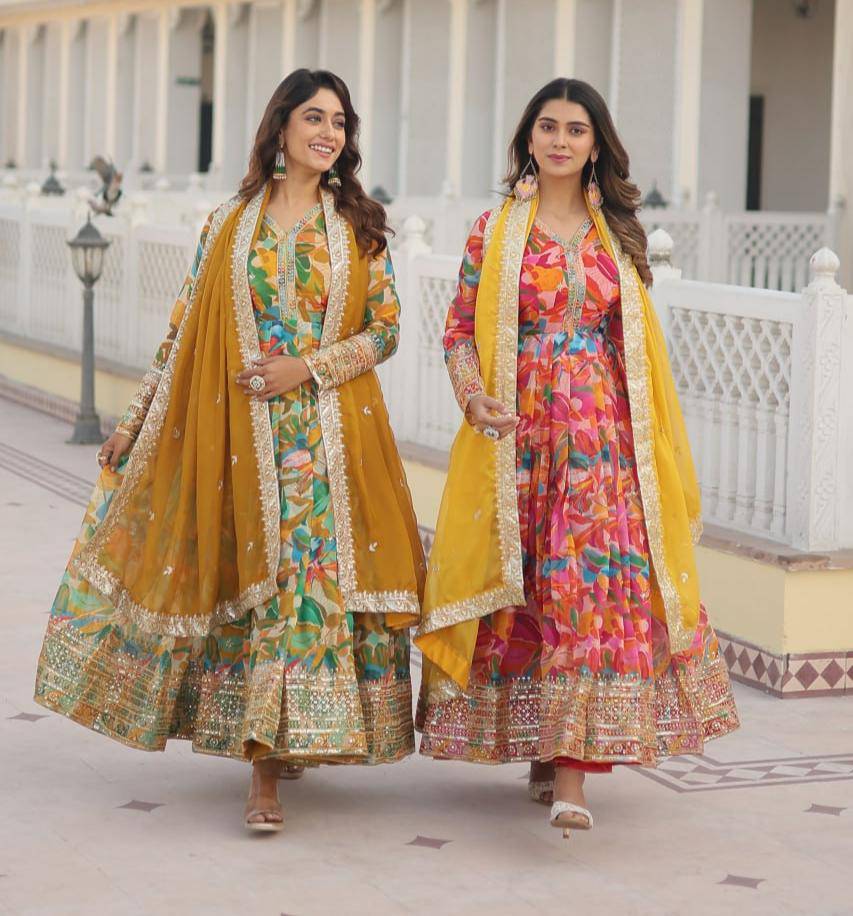 Ethereal Russian Silk Floral Printed Sequins Worked Gown - Ethnicwish