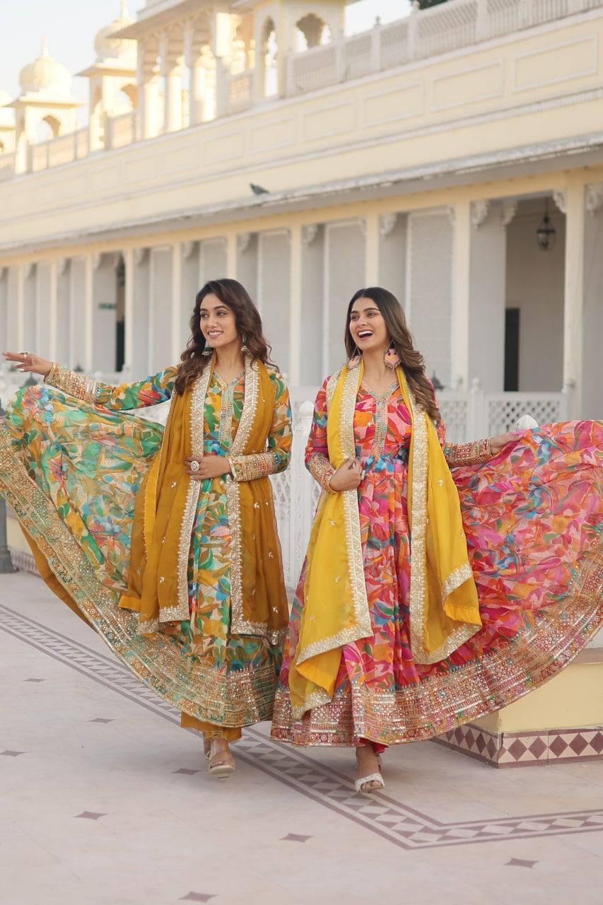 Ethereal Russian Silk Floral Printed Sequins Worked Gown - Ethnicwish