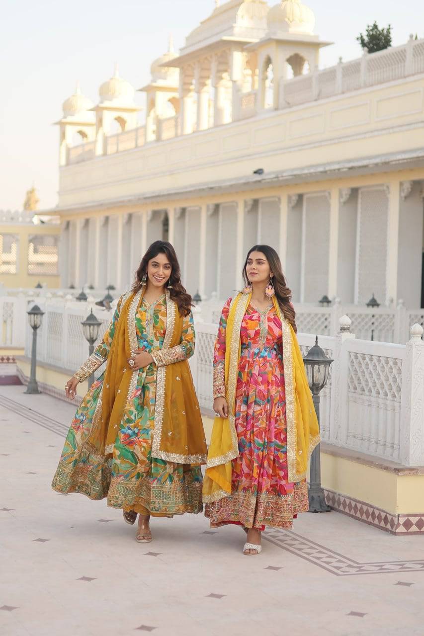 Ethereal Russian Silk Floral Printed Sequins Worked Gown - Ethnicwish