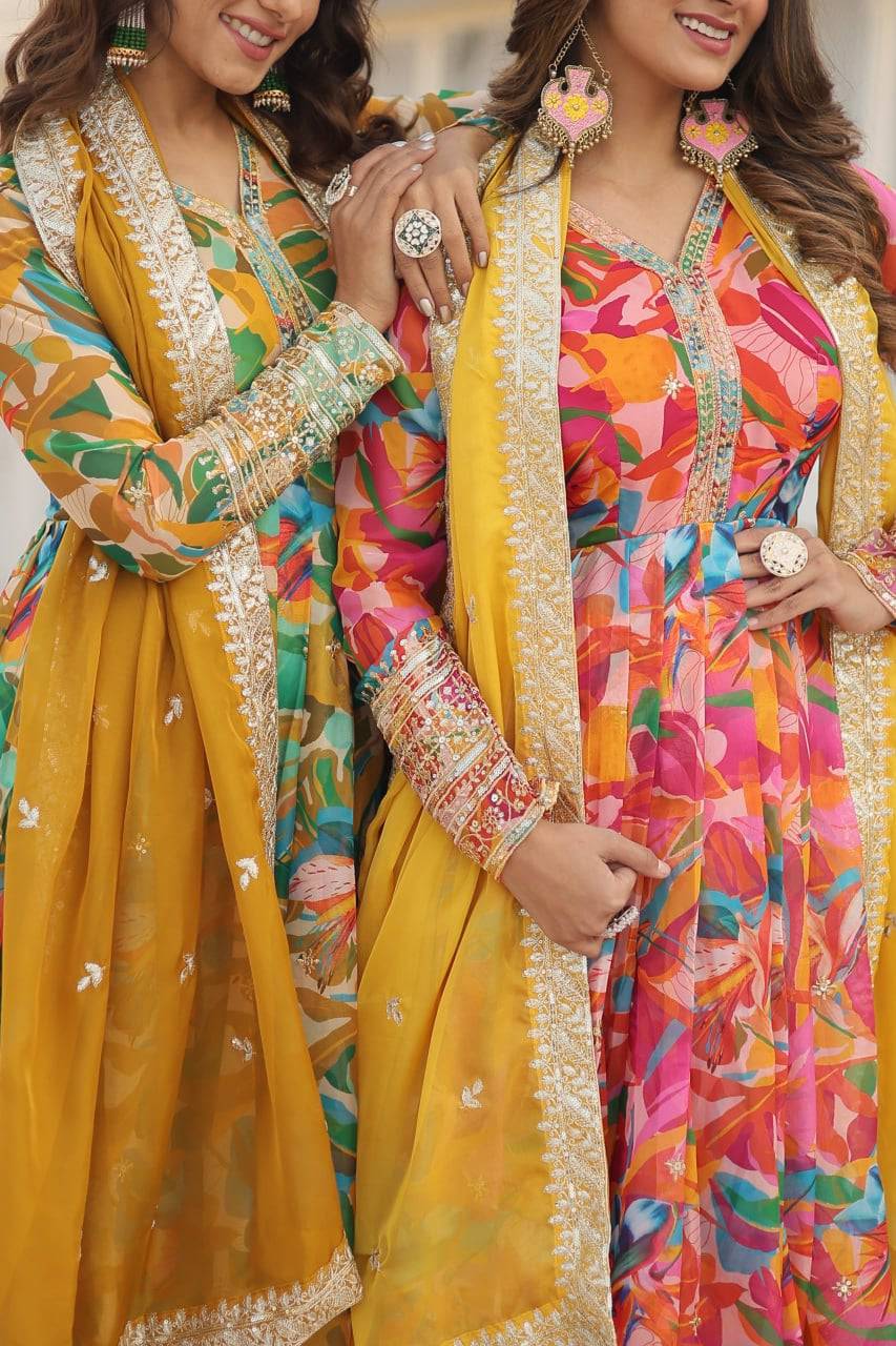 Ethereal Russian Silk Floral Printed Sequins Worked Gown - Ethnicwish