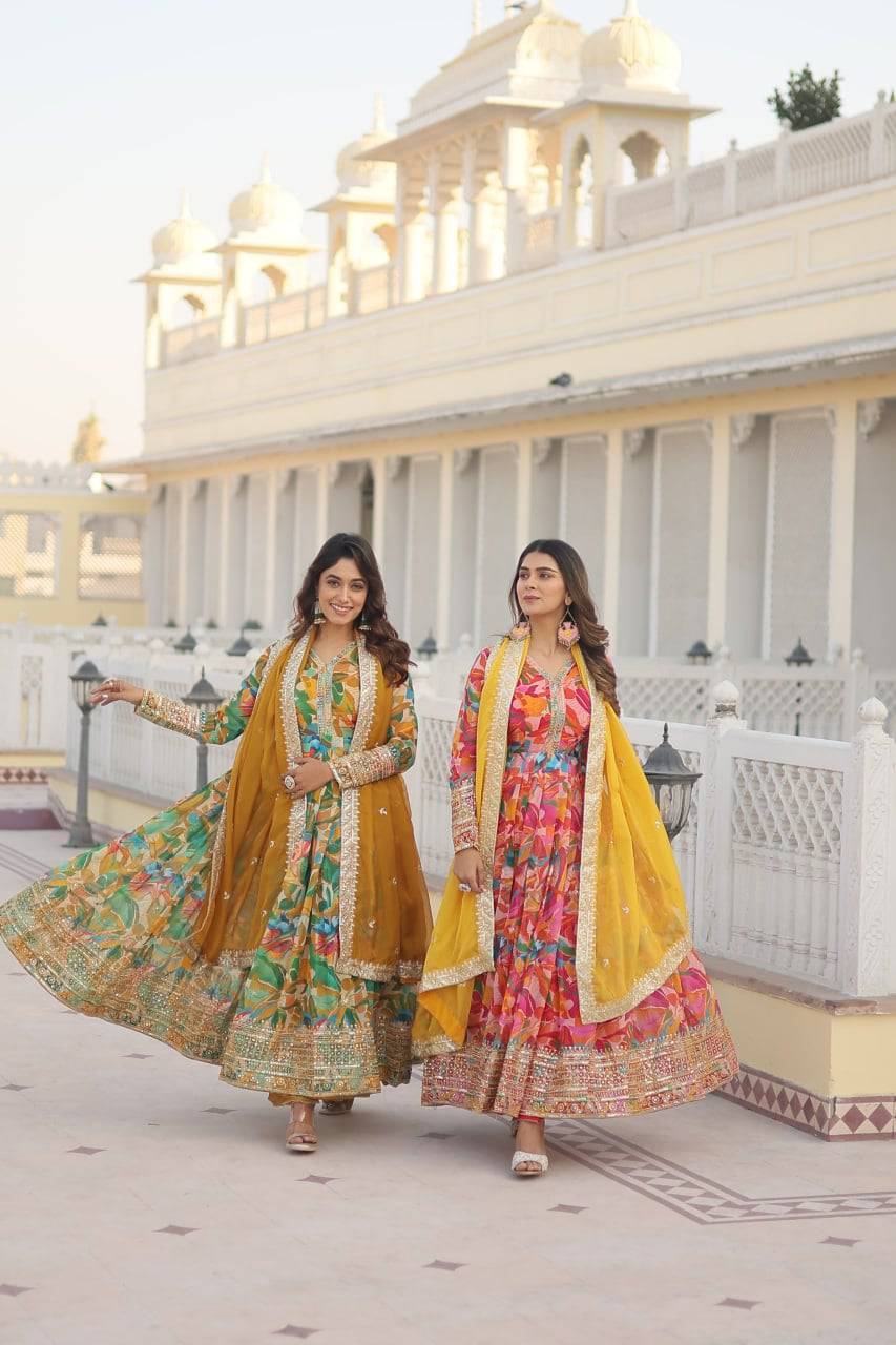 Ethereal Russian Silk Floral Printed Sequins Worked Gown - Ethnicwish