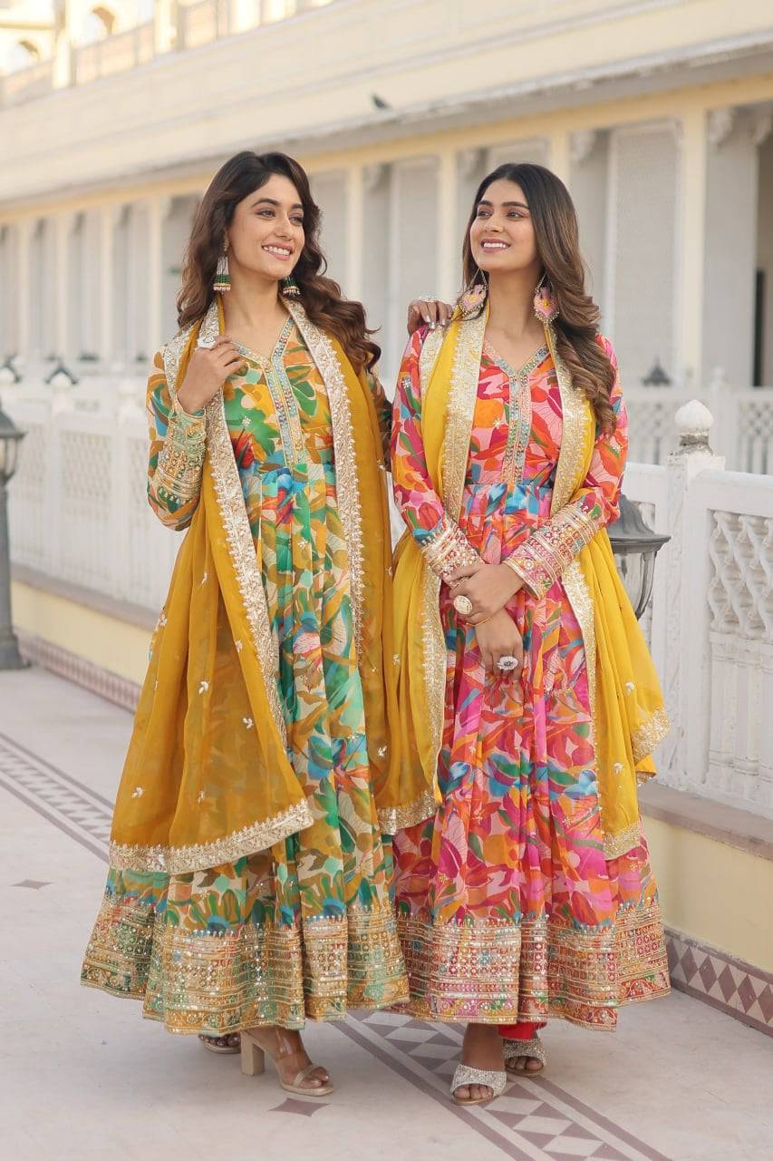 Ethereal Russian Silk Floral Printed Sequins Worked Gown - Ethnicwish