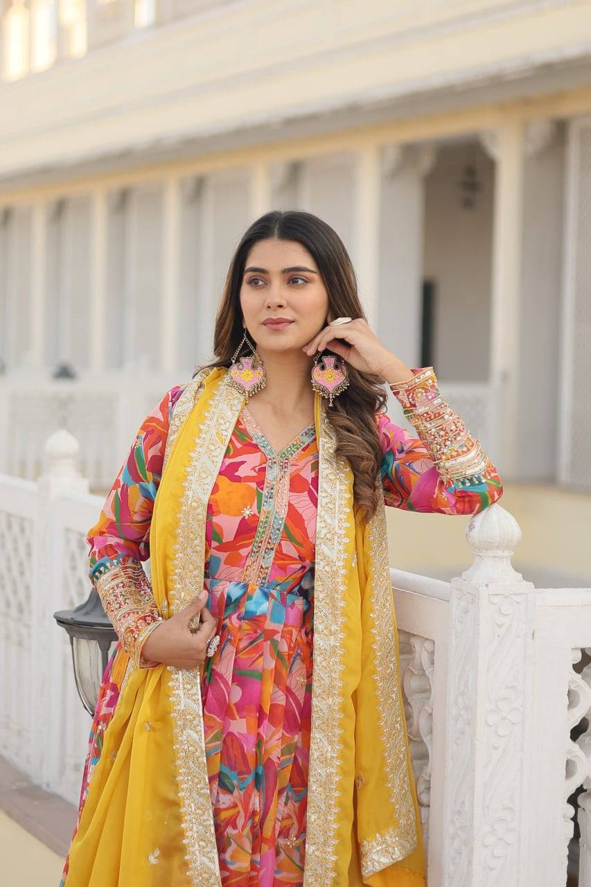 Ethereal Russian Silk Floral Printed Sequins Worked Gown - Ethnicwish